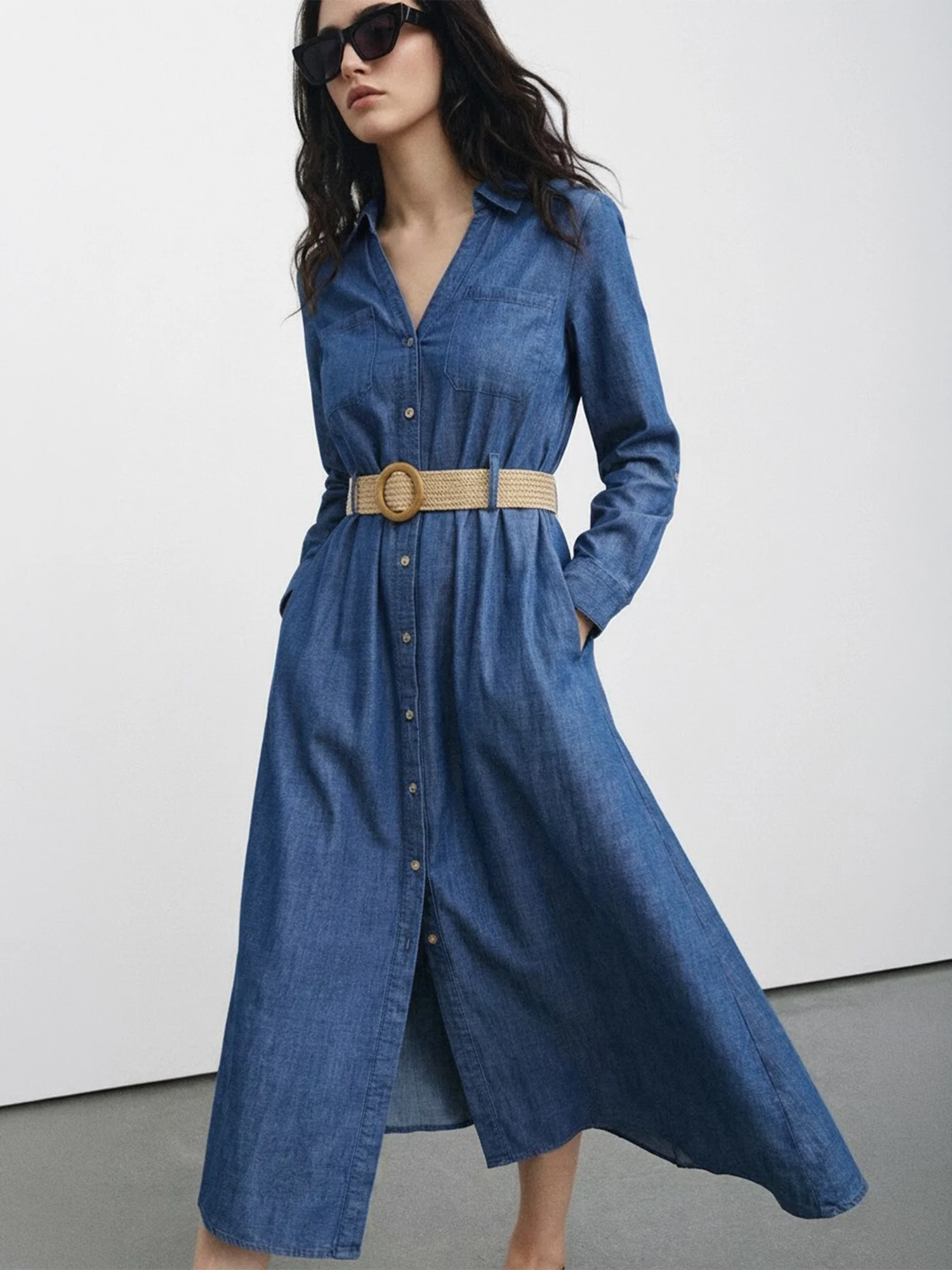 Long Sleeve Chambray Belted Shirt Midi Dress