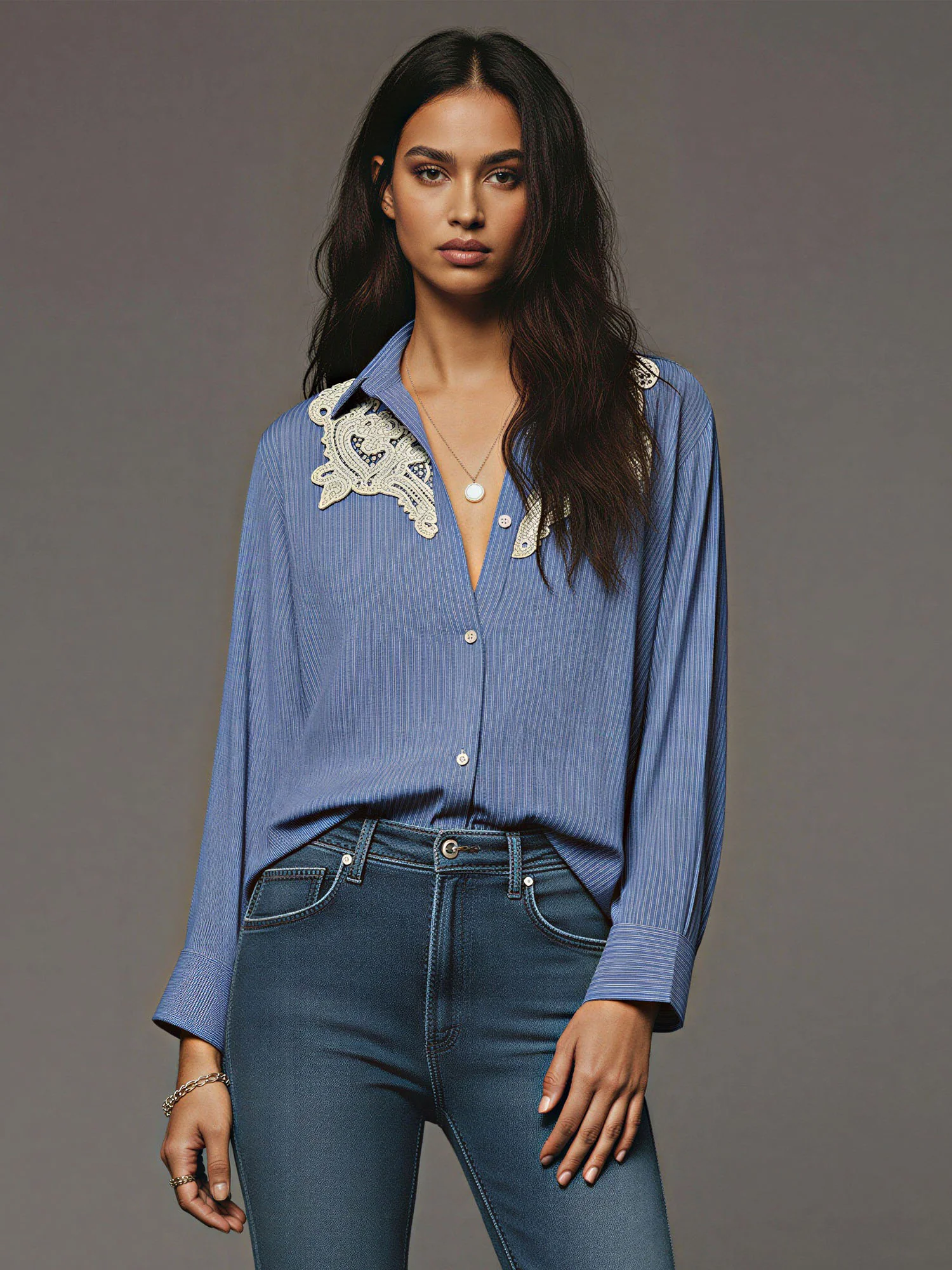 Collared Stripe Lace Insert Shirt - Image 2