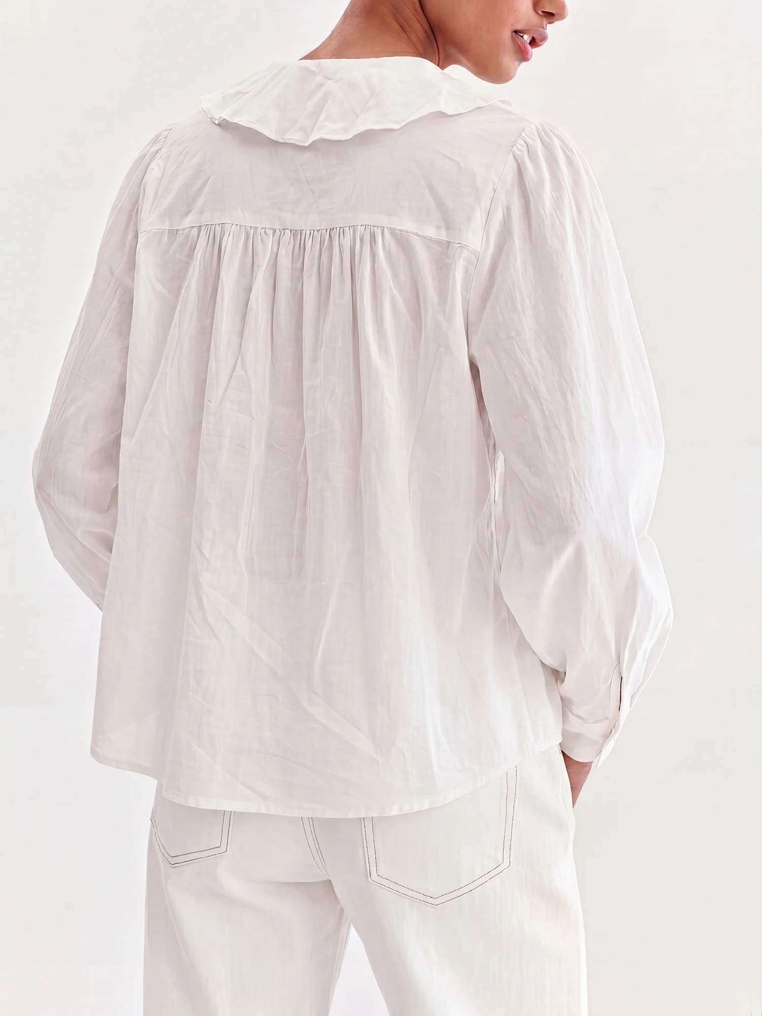 Long Sleeves Ruffle Collar V Neck Blouse - Image 3