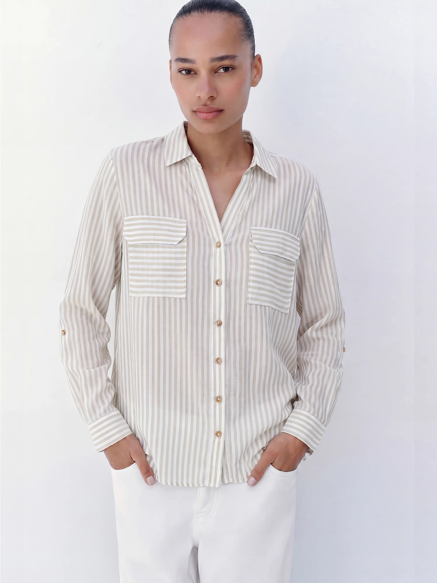 Long Sleeves Striped V Neck Utility Pocket Shirt
