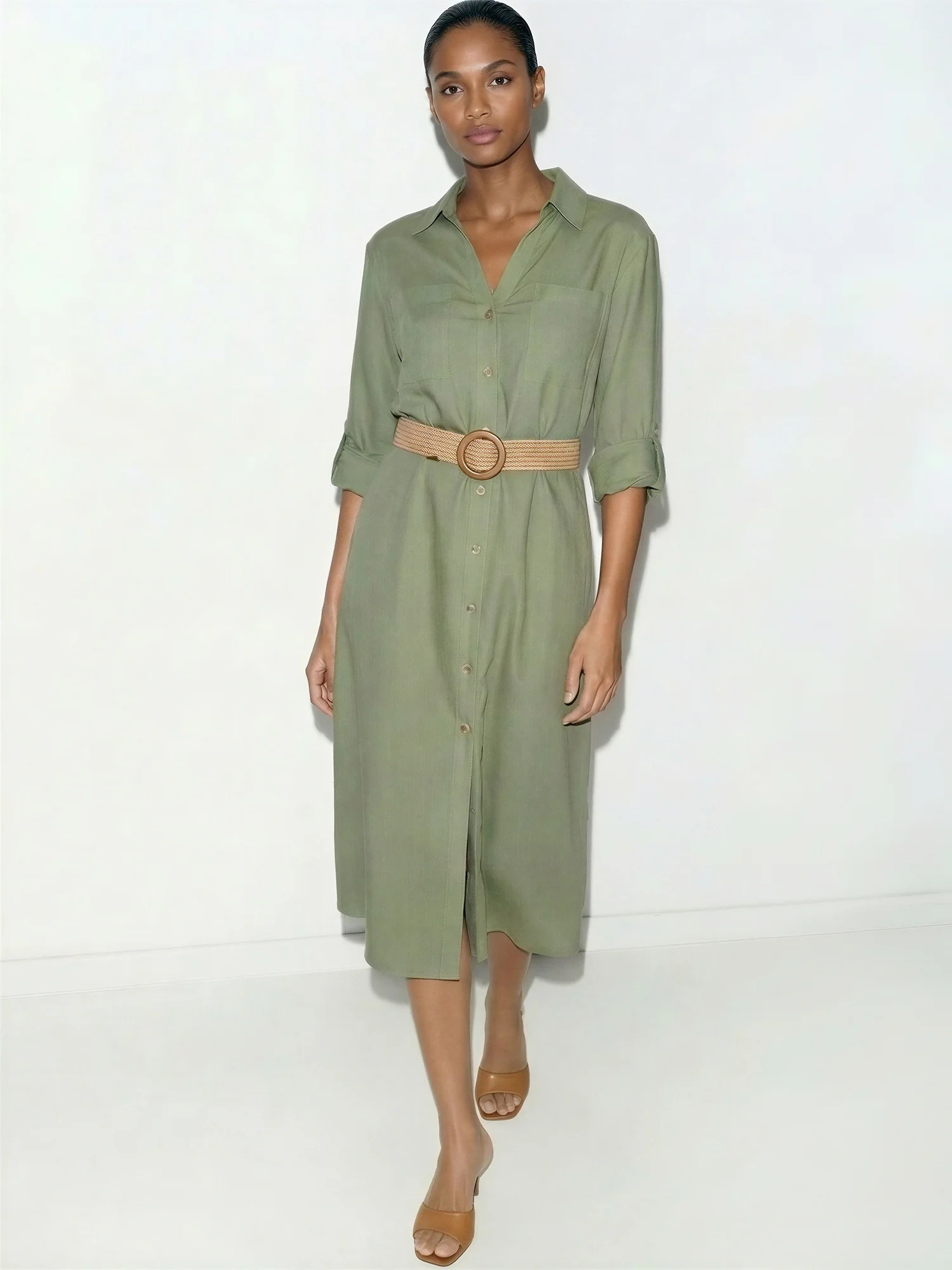 Long Sleeve Utility Button Down Linen Shirt Midi Dress