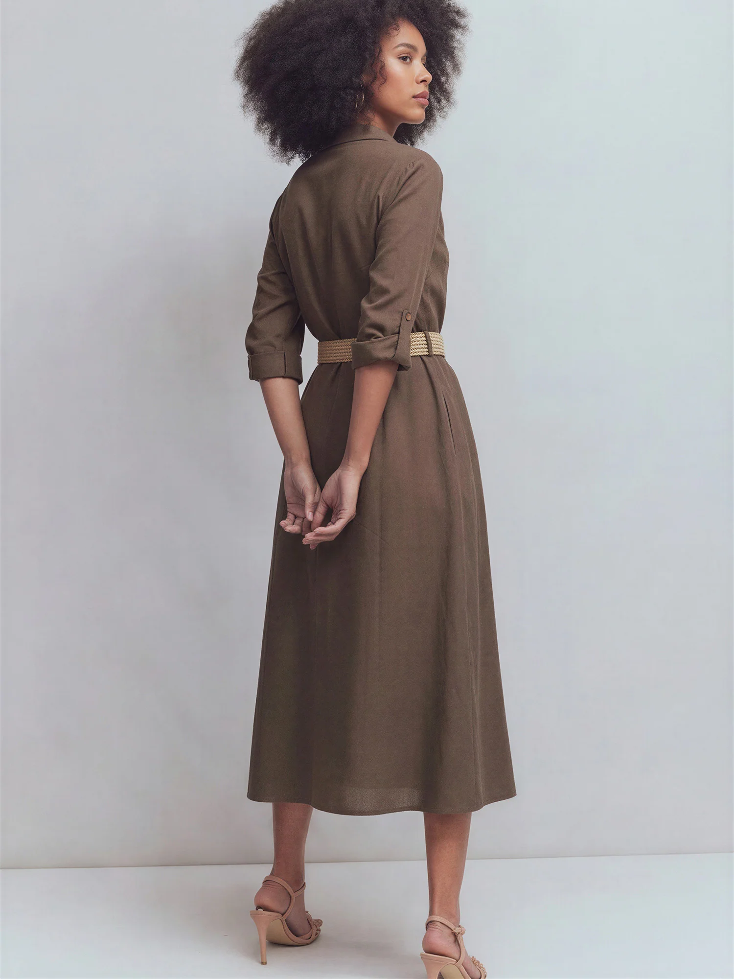Long Sleeve Utility Button Down Linen Shirt Midi Dress - Image 10
