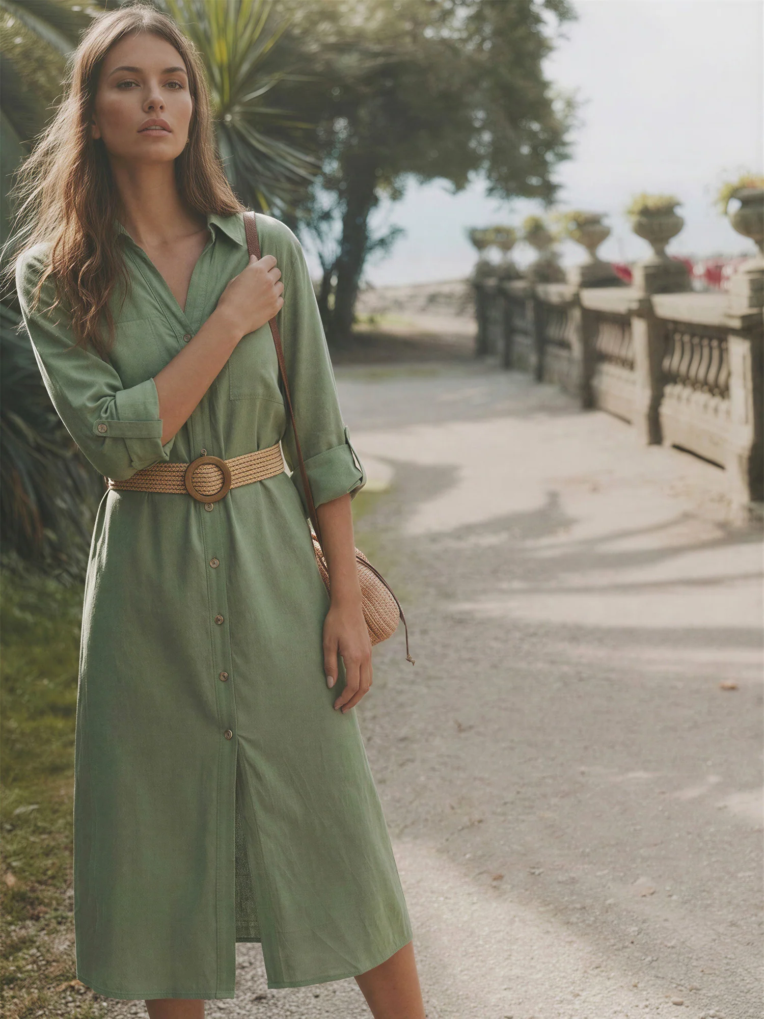 Long Sleeve Utility Button Down Linen Shirt Midi Dress - Image 2