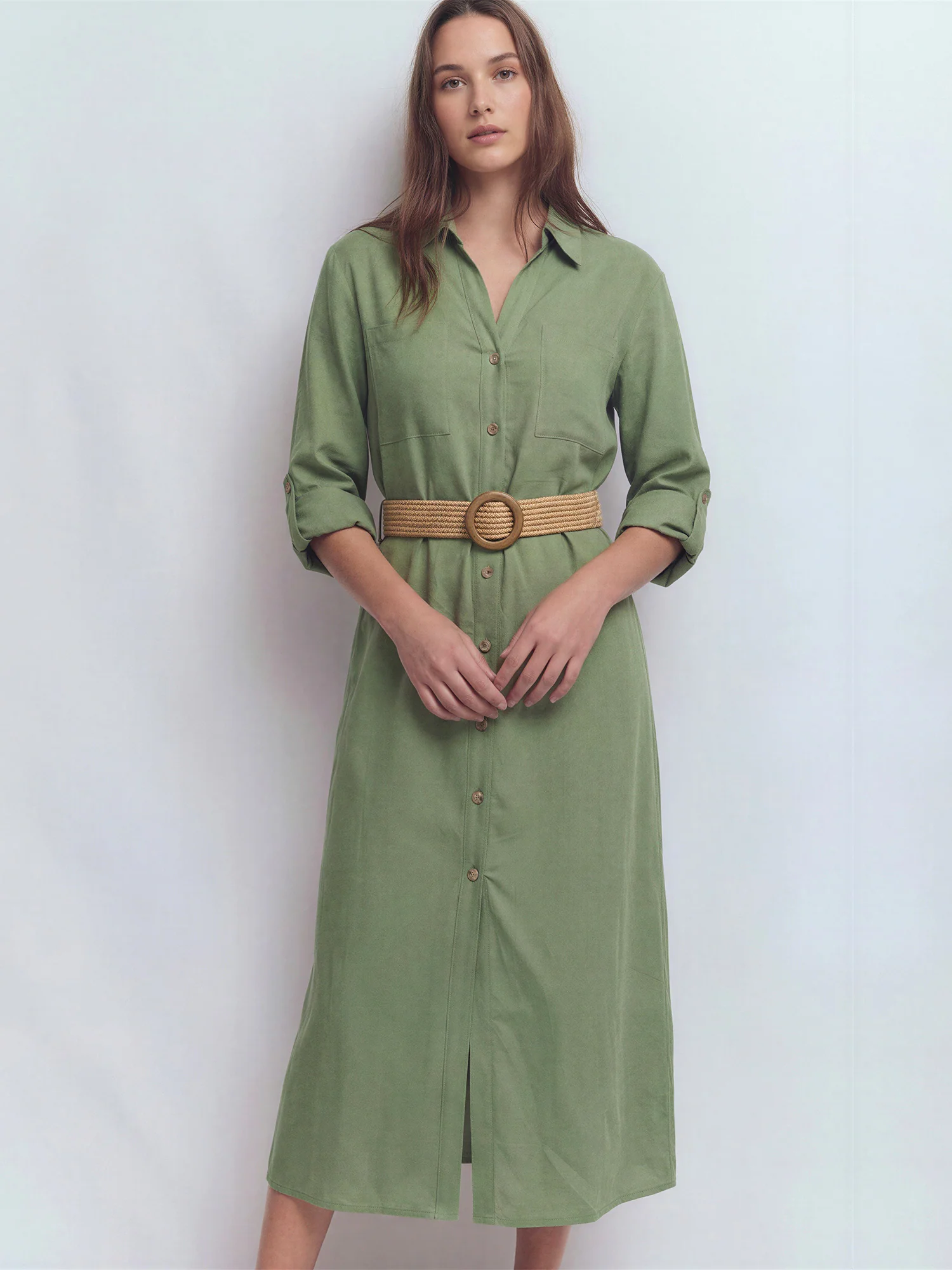 Long Sleeve Utility Button Down Linen Shirt Midi Dress - Image 3