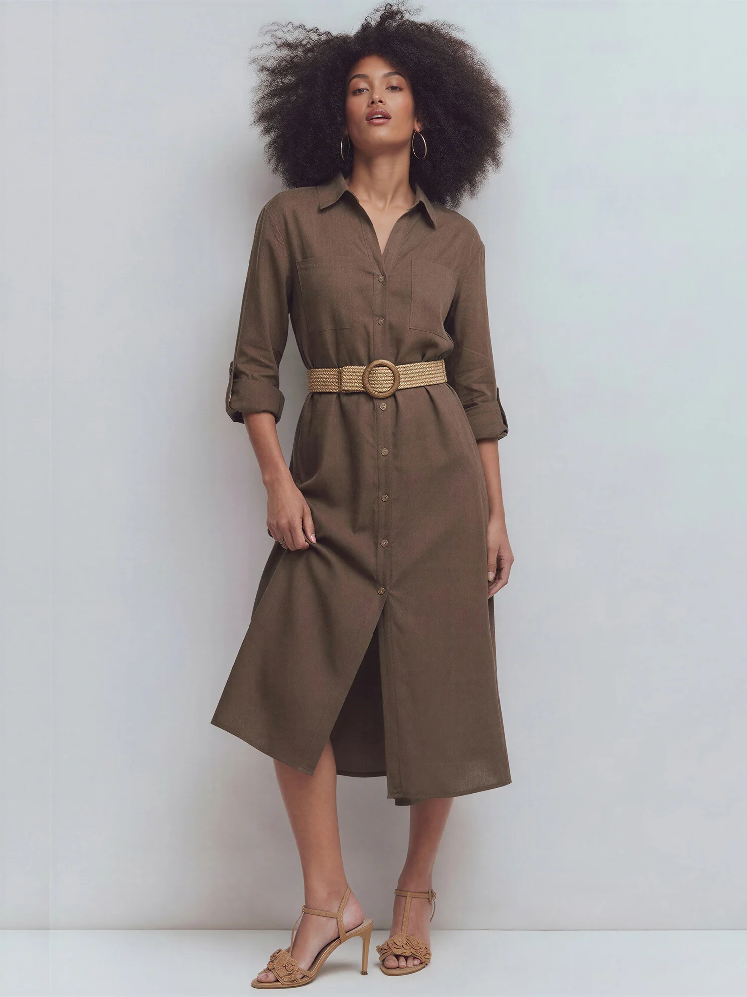 Long Sleeve Utility Button Down Linen Shirt Midi Dress - Image 7