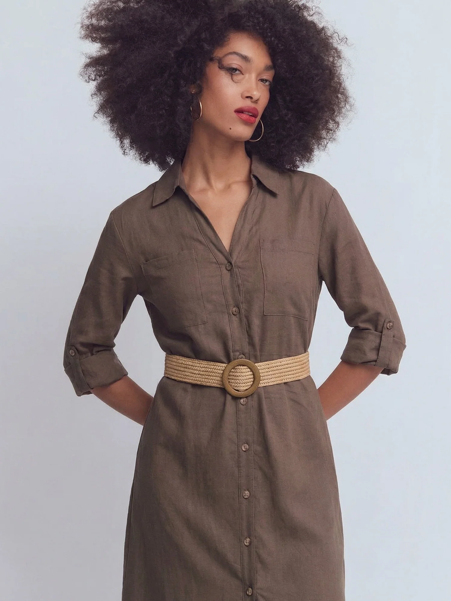 Long Sleeve Utility Button Down Linen Shirt Midi Dress - Image 8