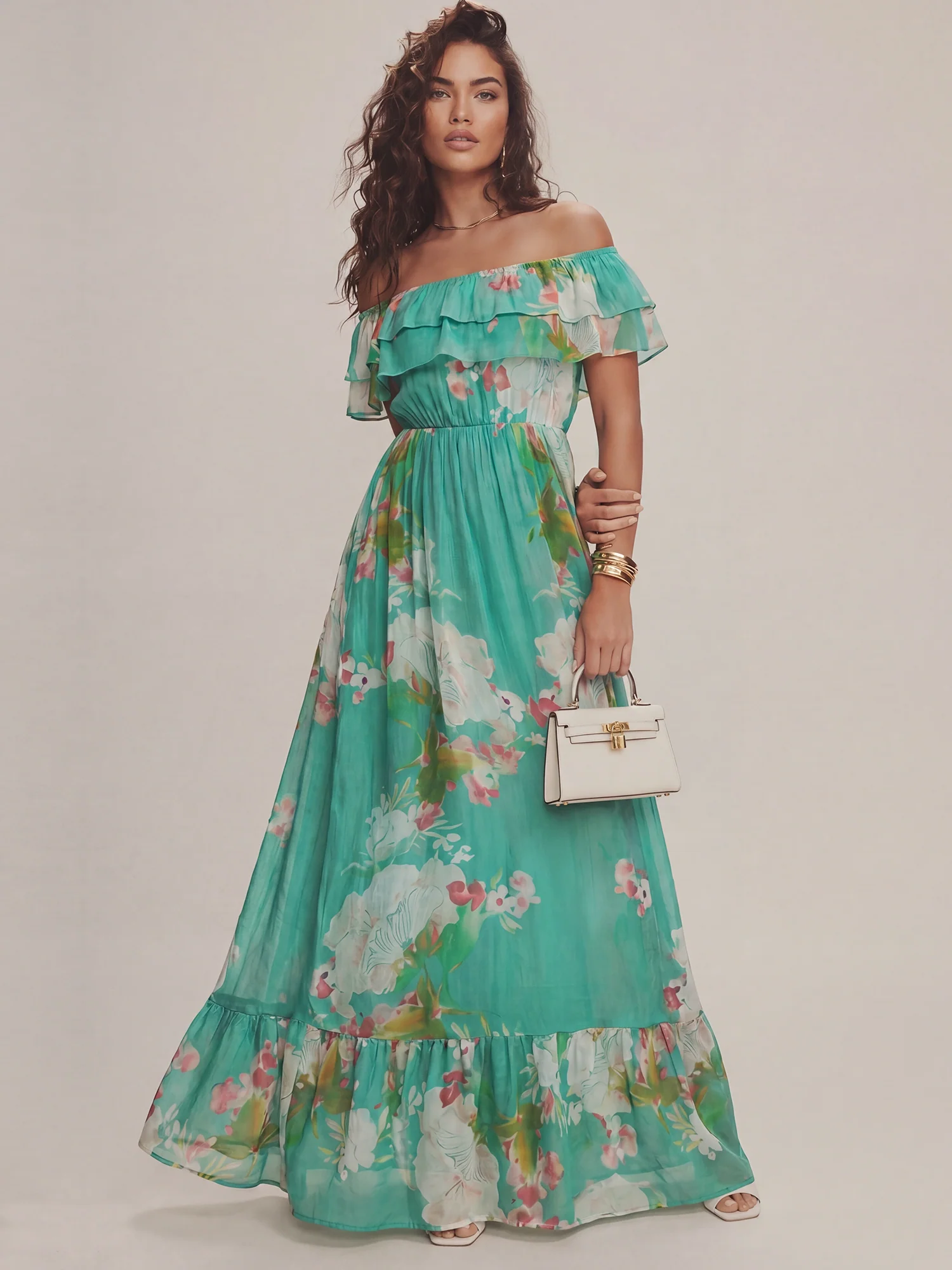 Off The Shoulder Floral Woven Maxi Dress