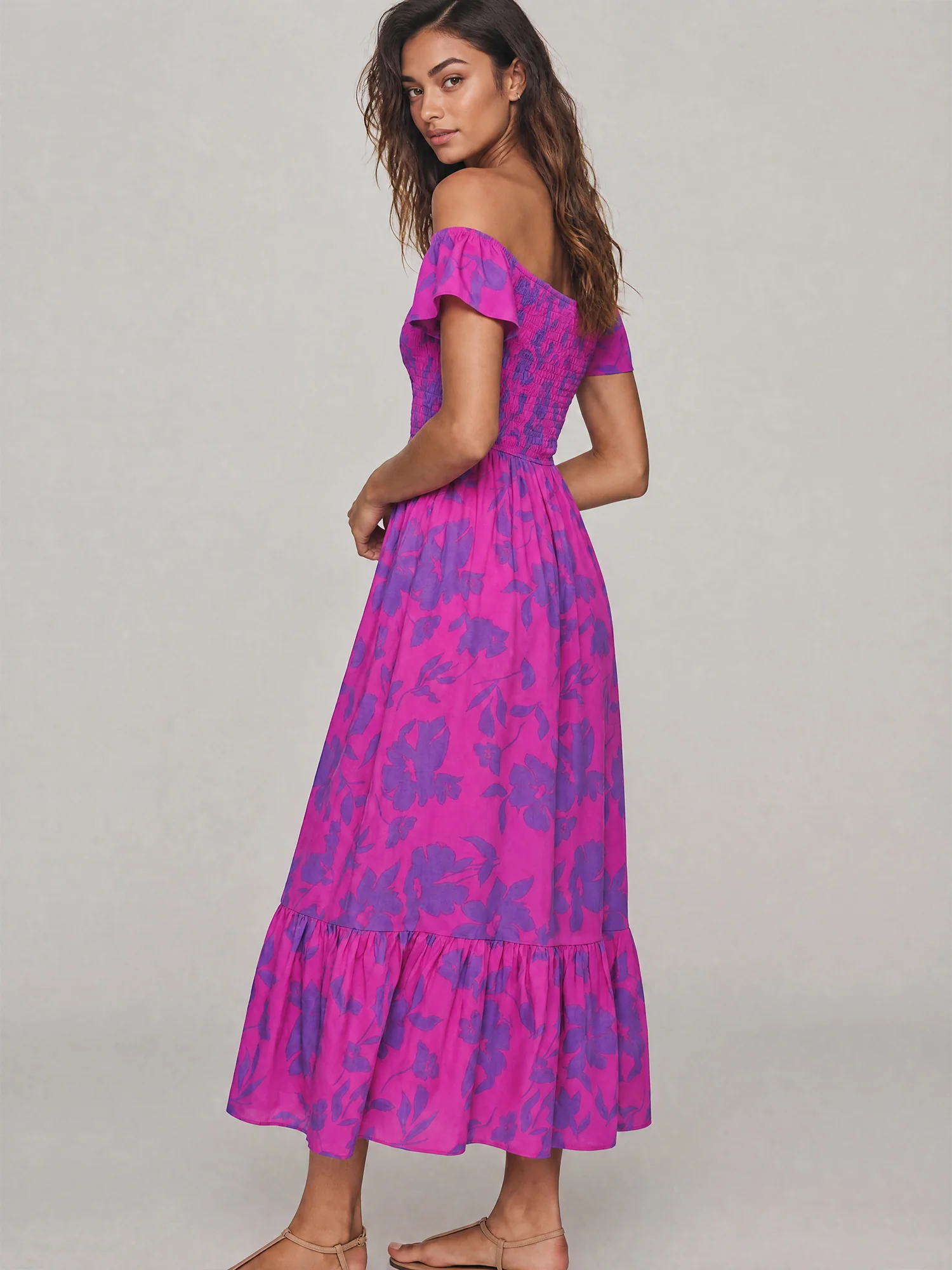 Off The Shoulder Smocked Floral Midi Sun Dress - Image 3