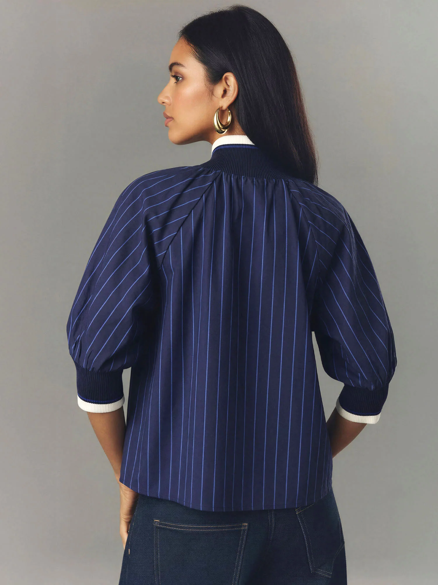 Pinstripe High Mock Neck Half Zip Flowy Top - Image 3