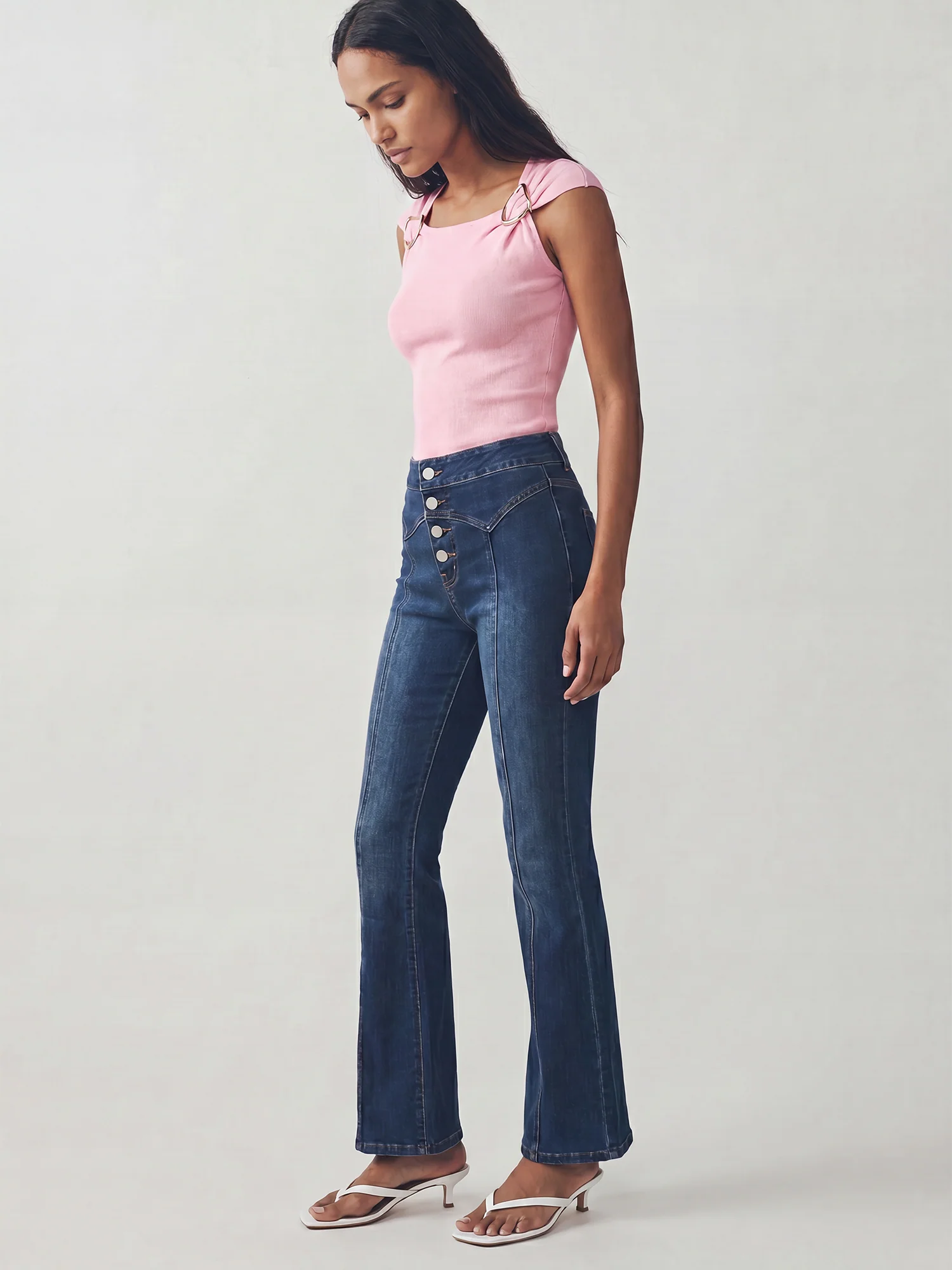 Pintuck High Waisted Flare Denim Jeans - Image 8