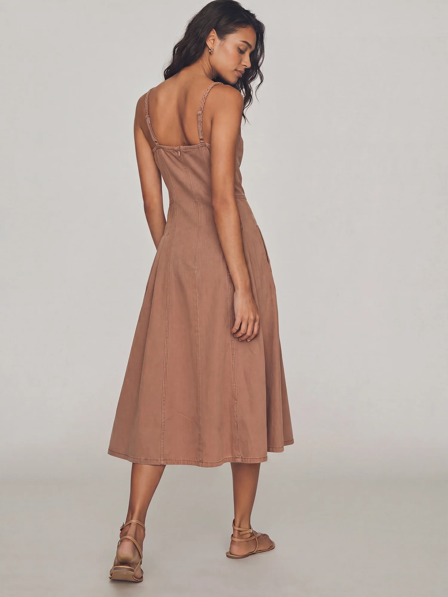 Pleated Pocket A Line Button Down Midi Dress - Image 3
