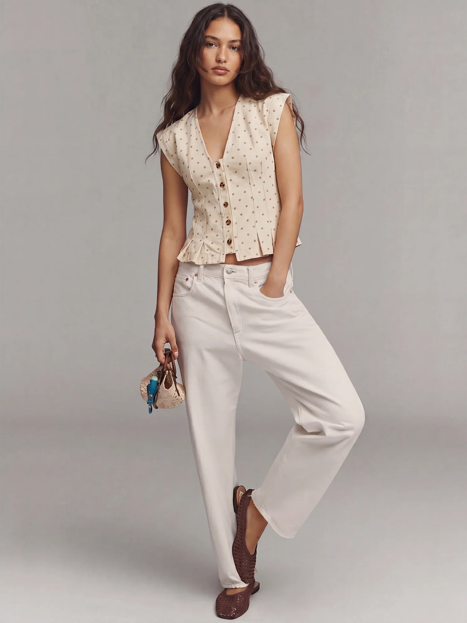 Polka Dot Twill Denim Button Pleated Vest Top - Image 3