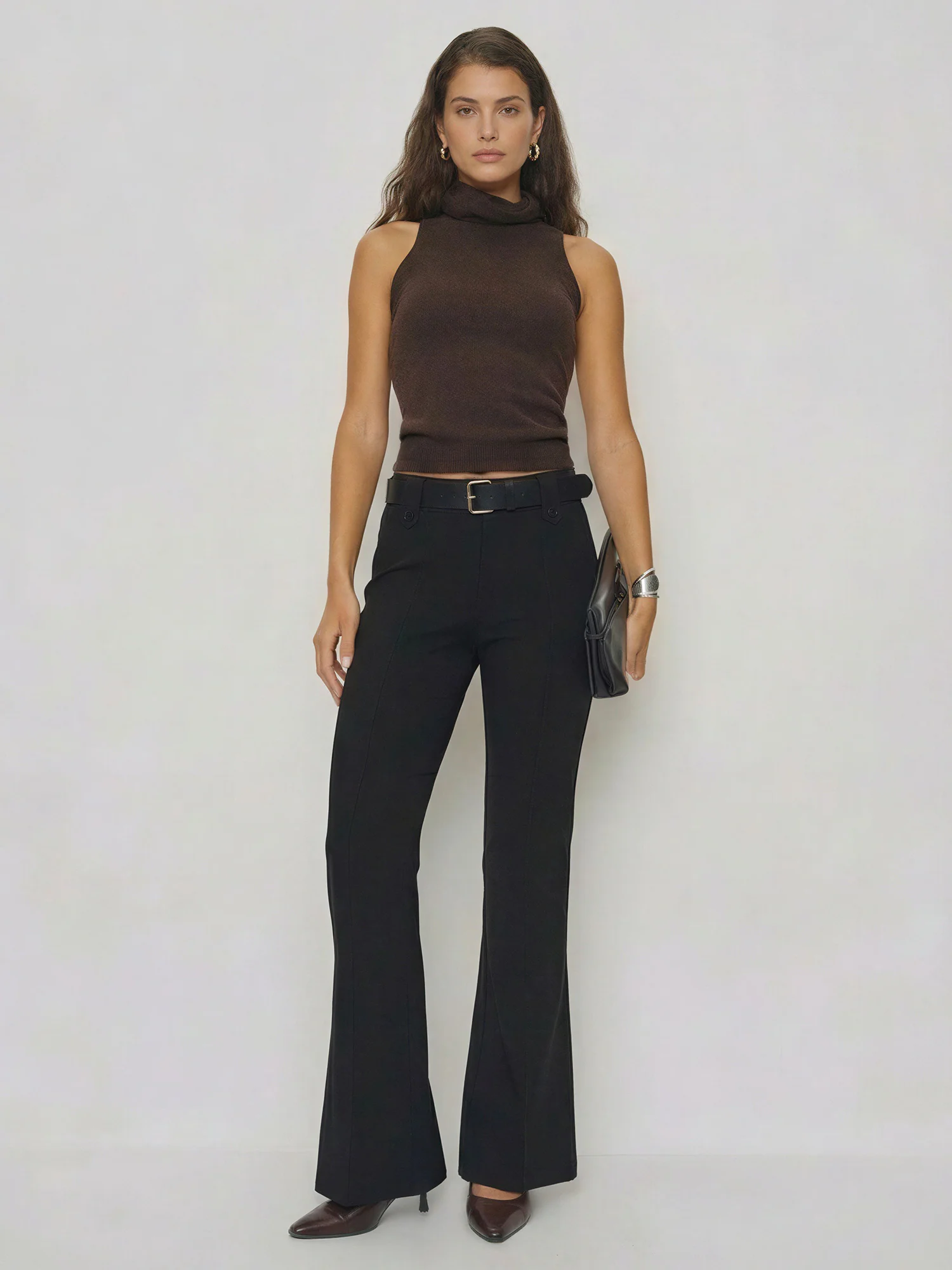 Ponte High Rise Flare Pants With Belt - Image 3