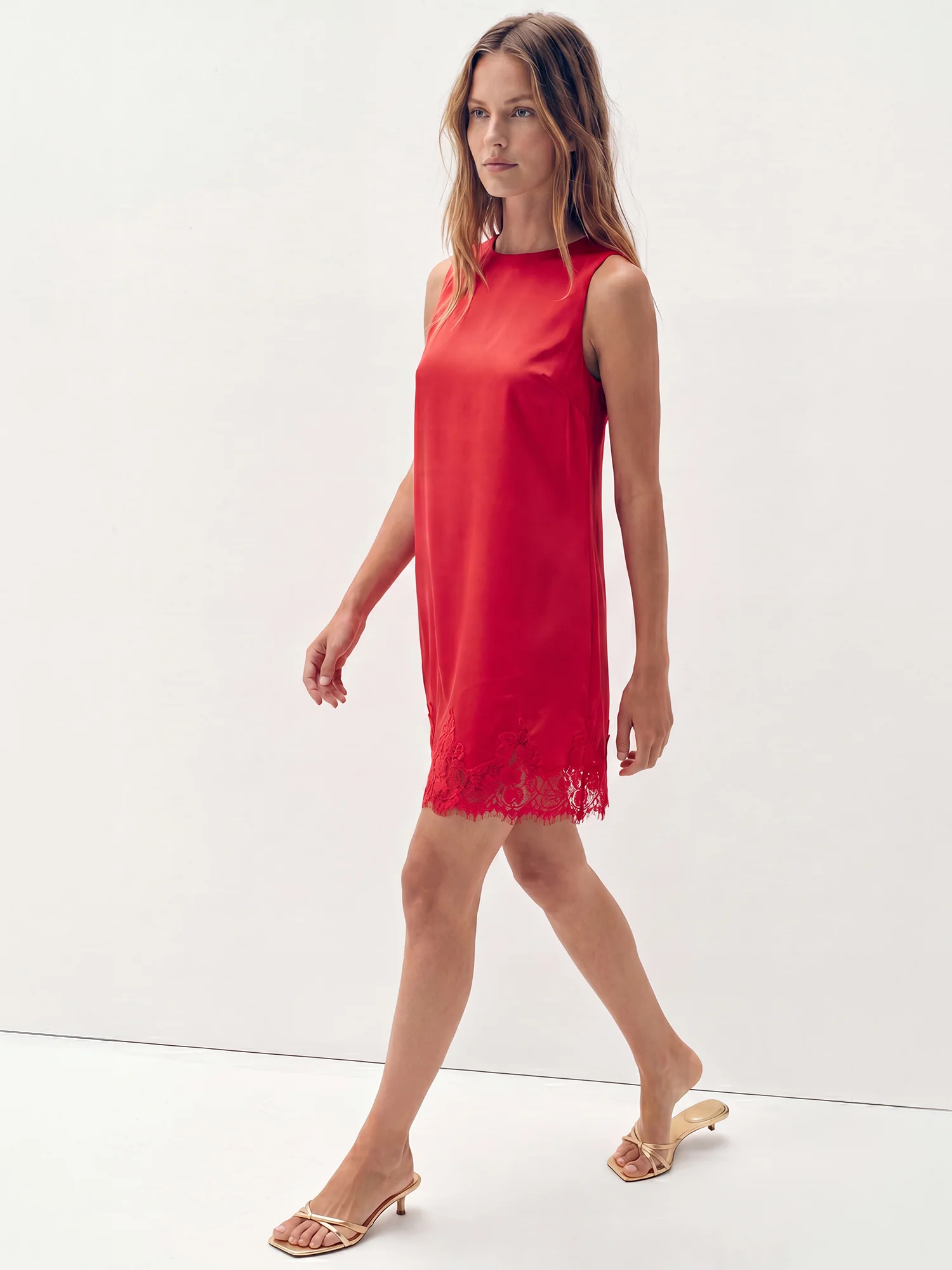 Round Neck Sleeveless Lace Detail Satin Shift Dress - Image 7