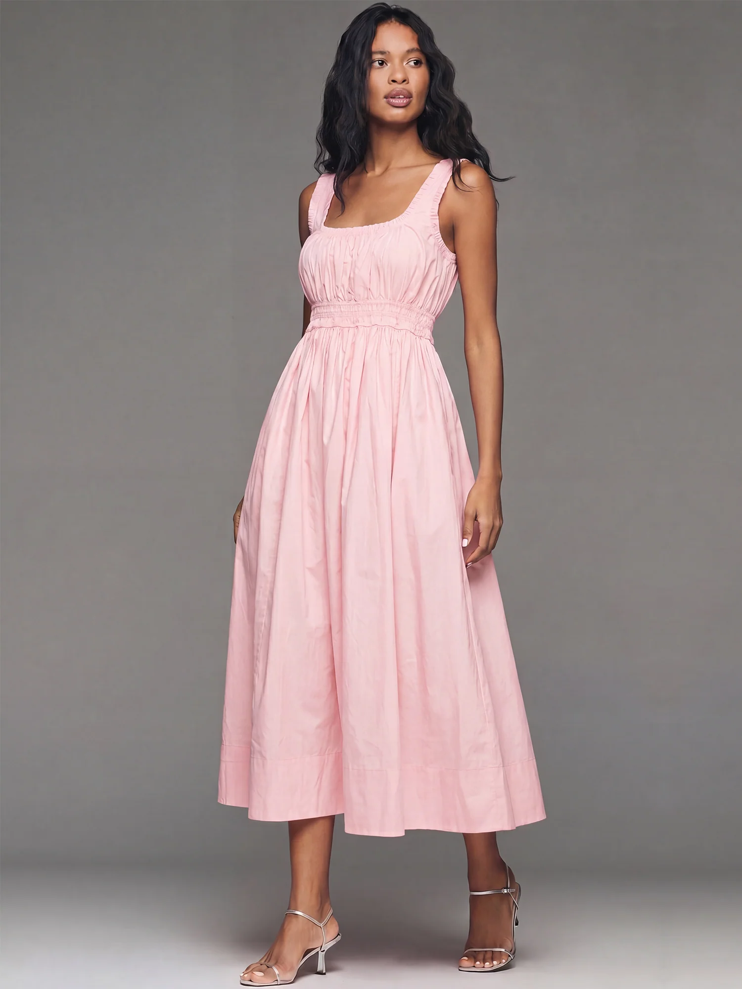 Ruched Sleeveless A-Line Poplin Dress With Squsre Neckline