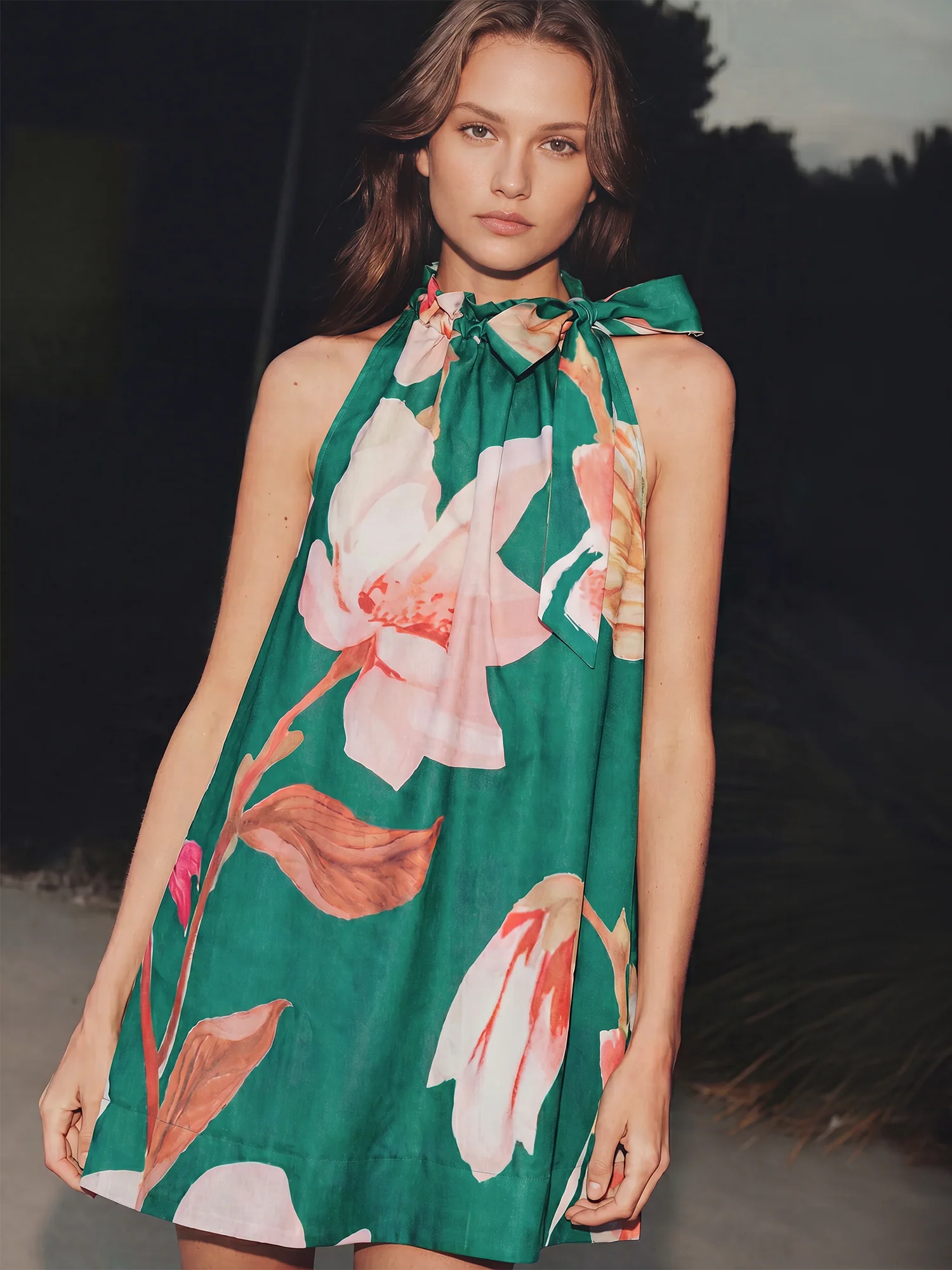 Ruffle Neck Tie Sleeveless Floral Print Mini Dress