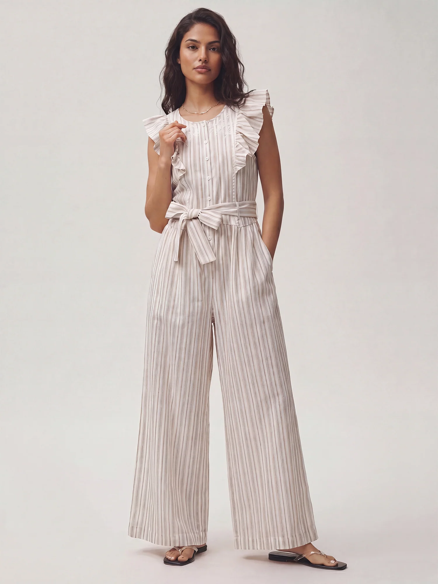Ruffle Stripe Tie Waist Jumpsuit