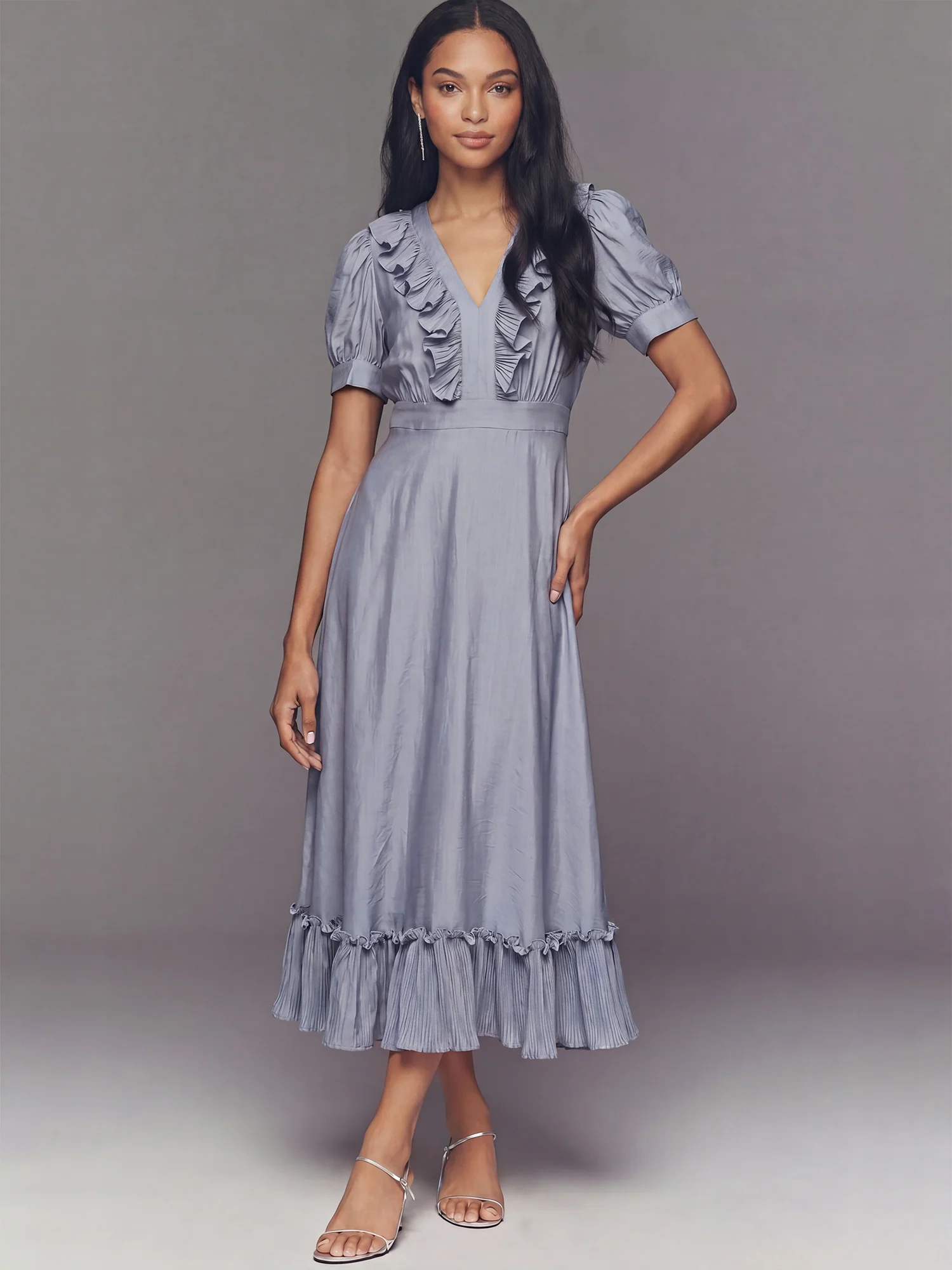 Ruffled V Neck Woven Midi Dress