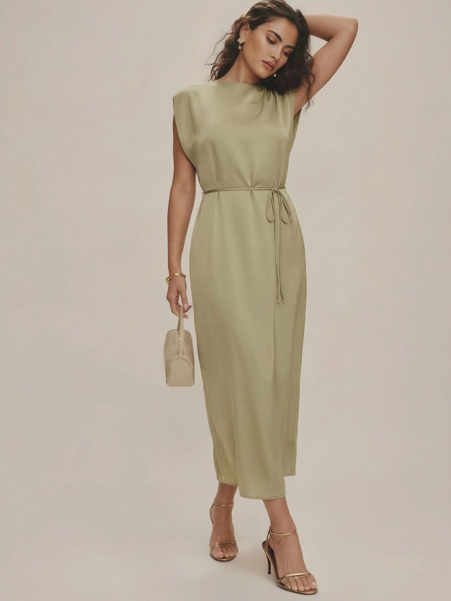 Satin Tie Front Boat Neckline With Dolman Sleeves Midi Dress - Image 5