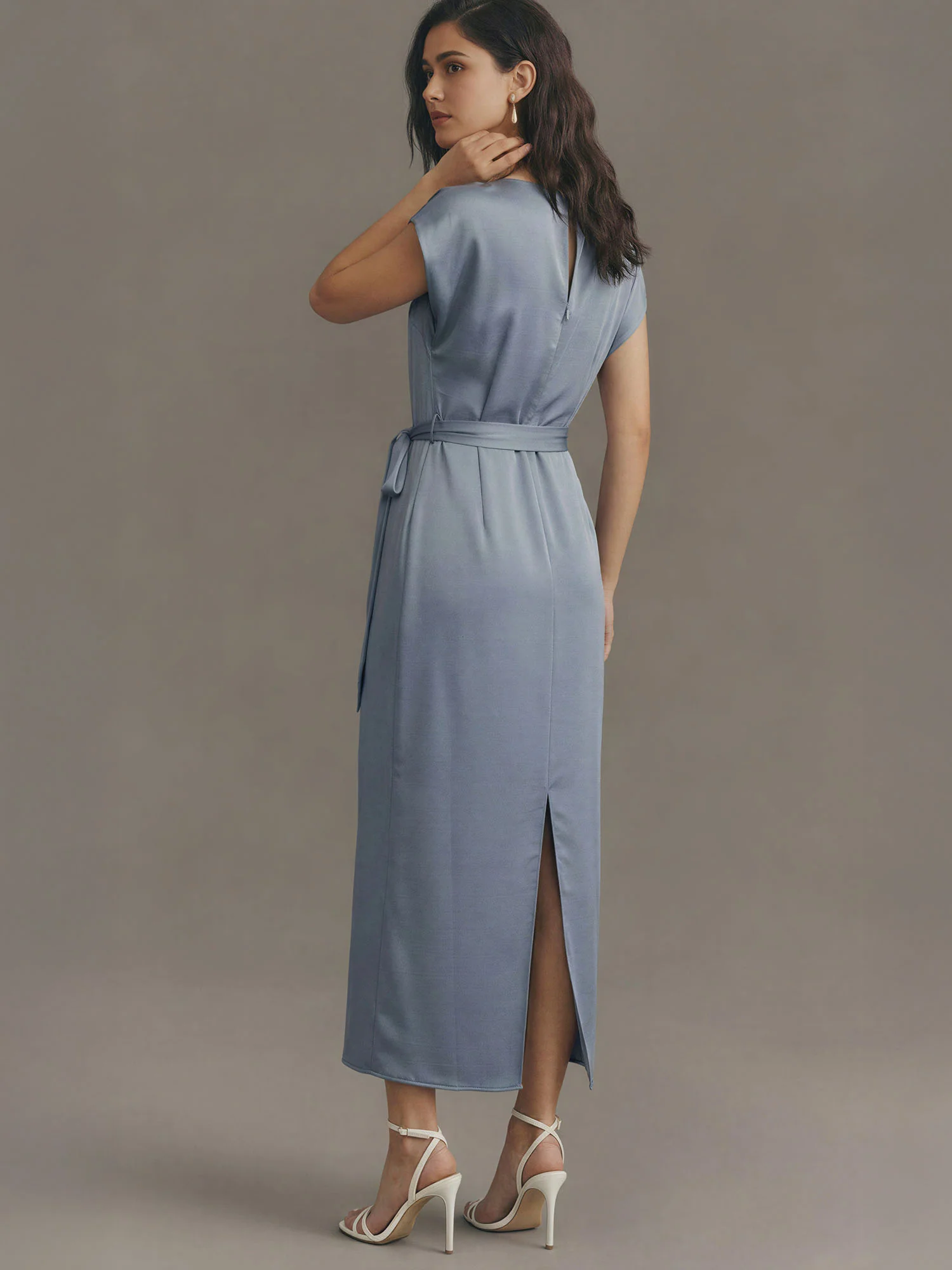 Satin Tie Front Boat Neckline With Dolman Sleeves Midi Dress - Image 9