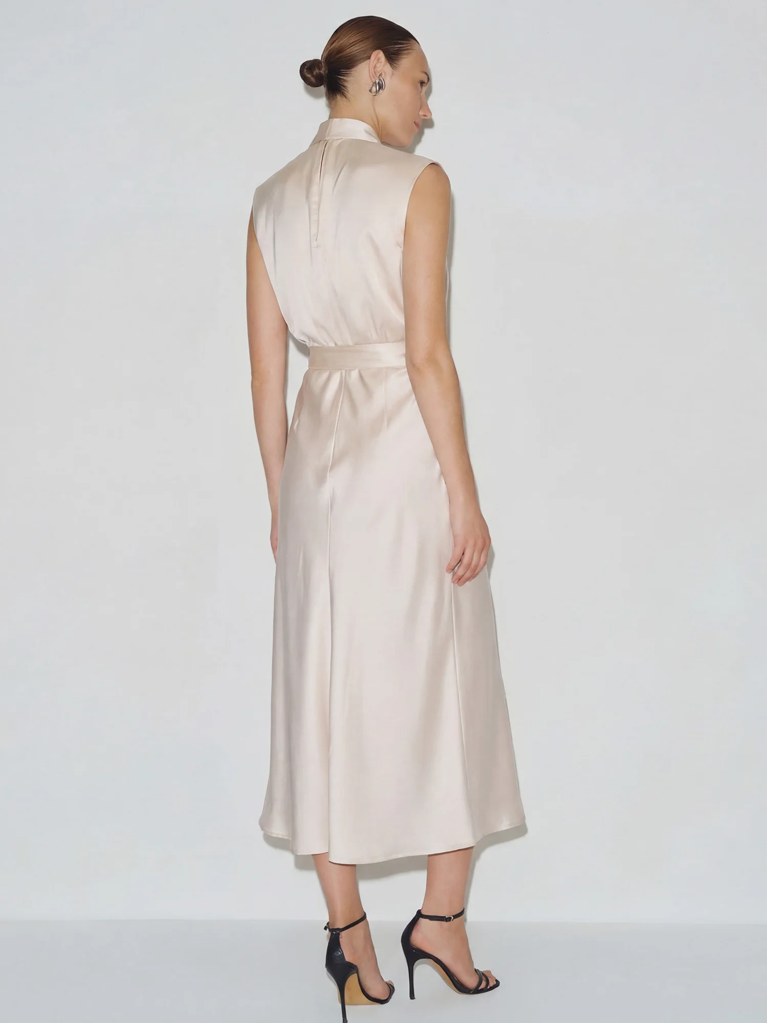 Satin V-Neck Dolman Capped Sleeves Satin Midi Dress - Image 3