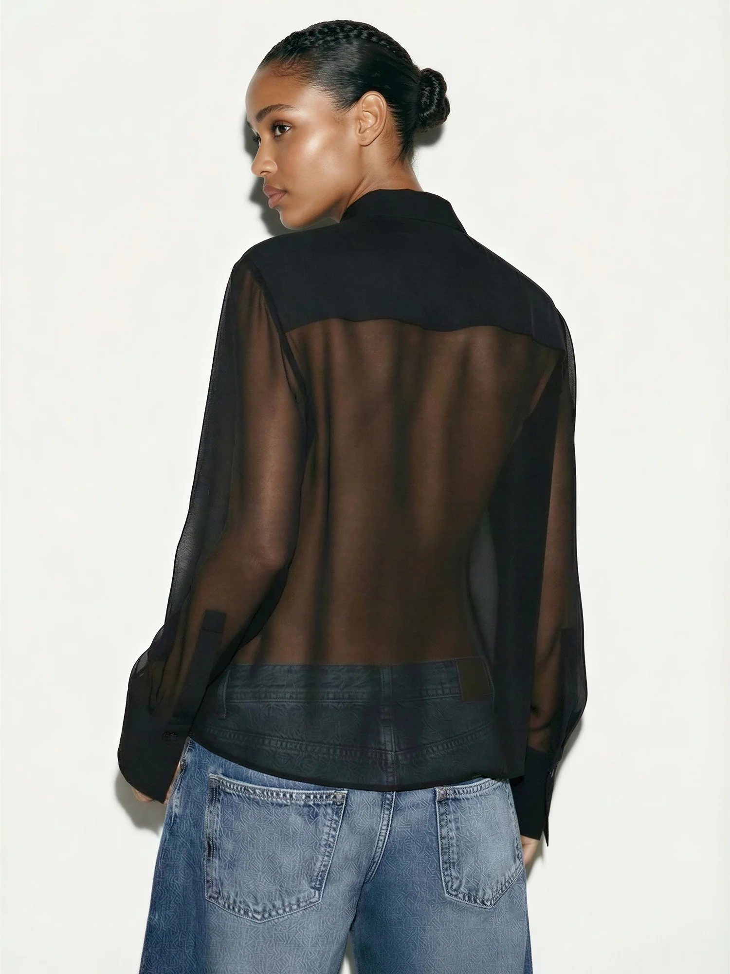 Sheer Pleated Front Button Down Blouse - Image 10