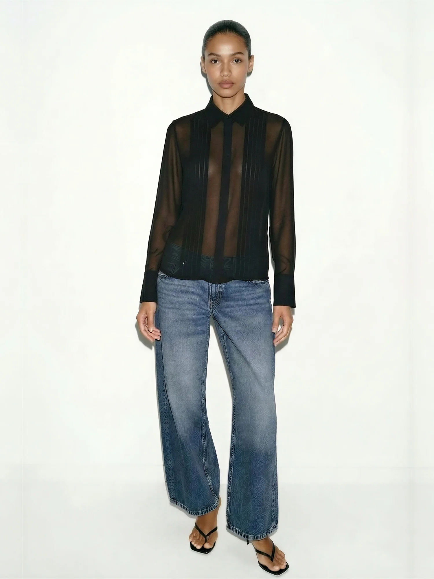 Sheer Pleated Front Button Down Blouse - Image 9