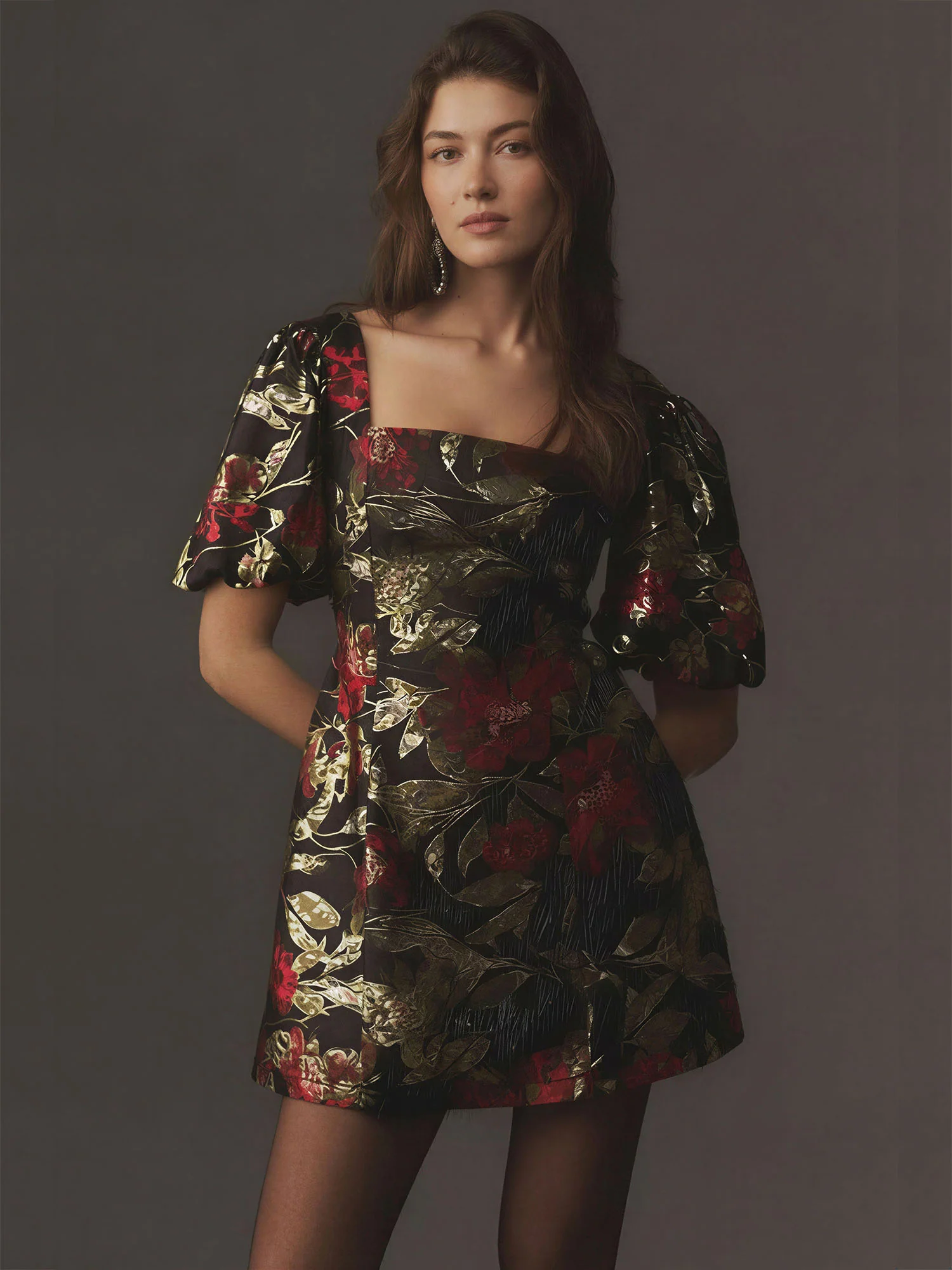 Short Puff Sleeve Floral Jacquard Mini Dress - Image 7