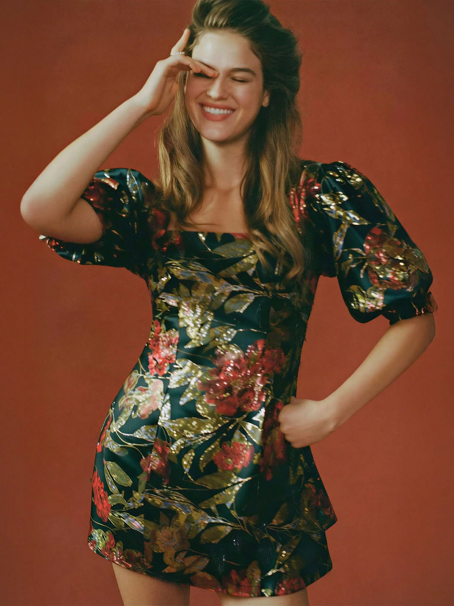 Short Puff Sleeve Floral Jacquard Mini Dress - Image 8