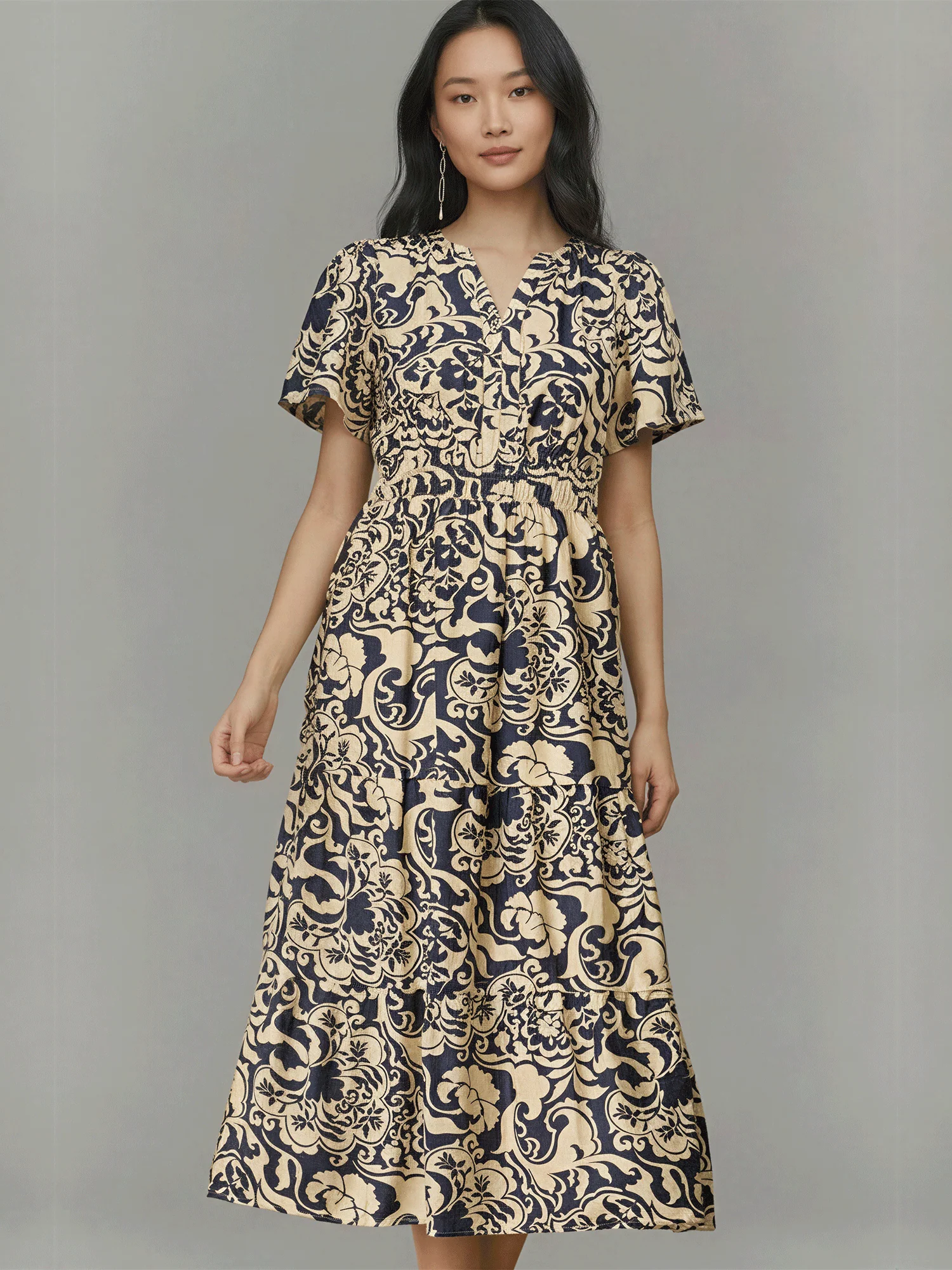 Short Puff Sleeve Printed Midi Dress - Image 3