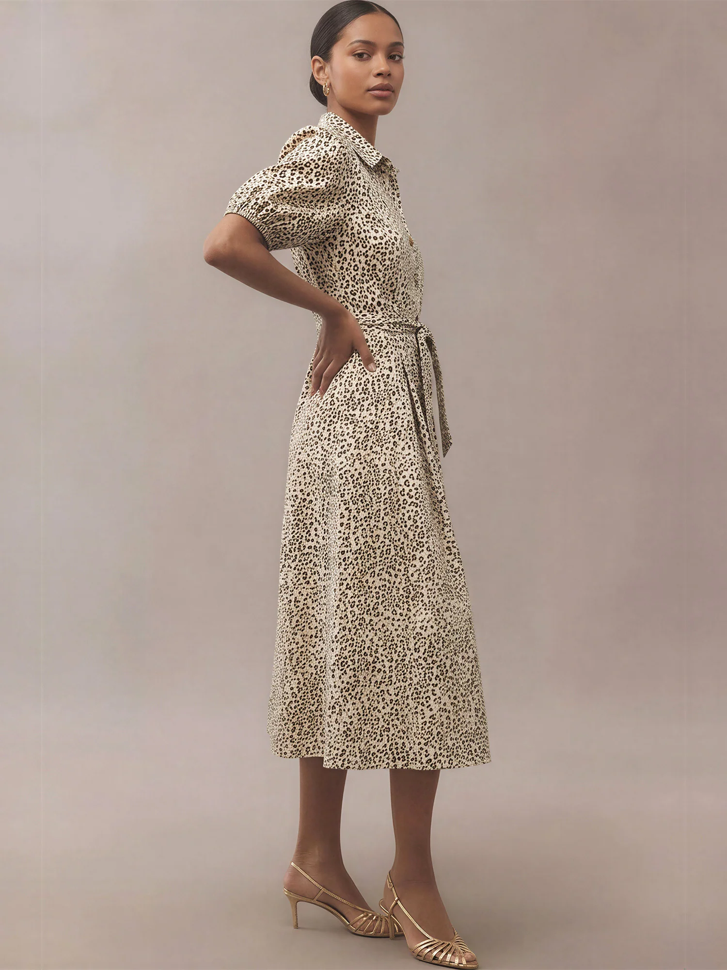 Short Puff Sleeve Tie Waist Animal Print Midi Shirt Dress - Image 3
