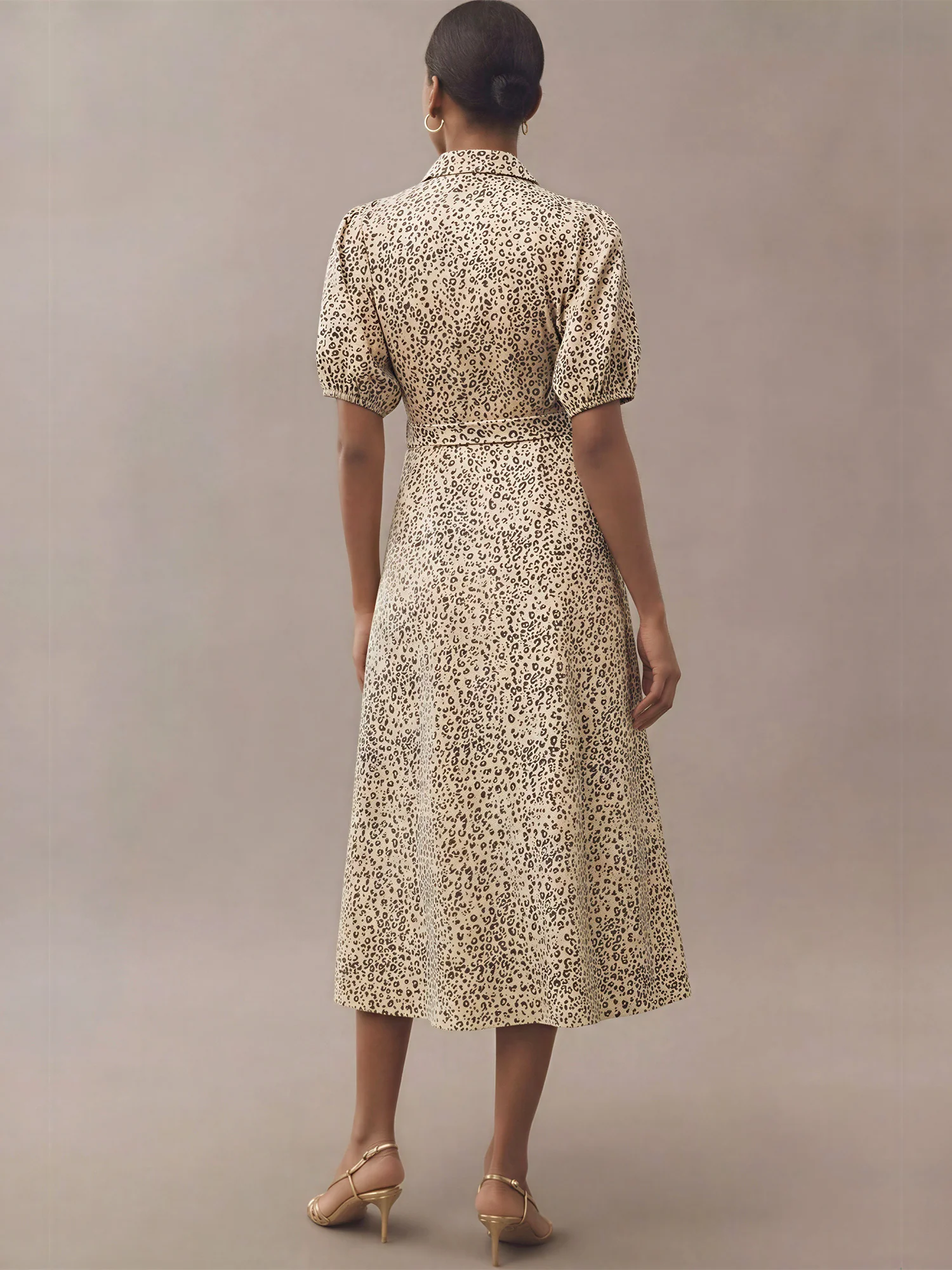 Short Puff Sleeve Tie Waist Animal Print Midi Shirt Dress - Image 4