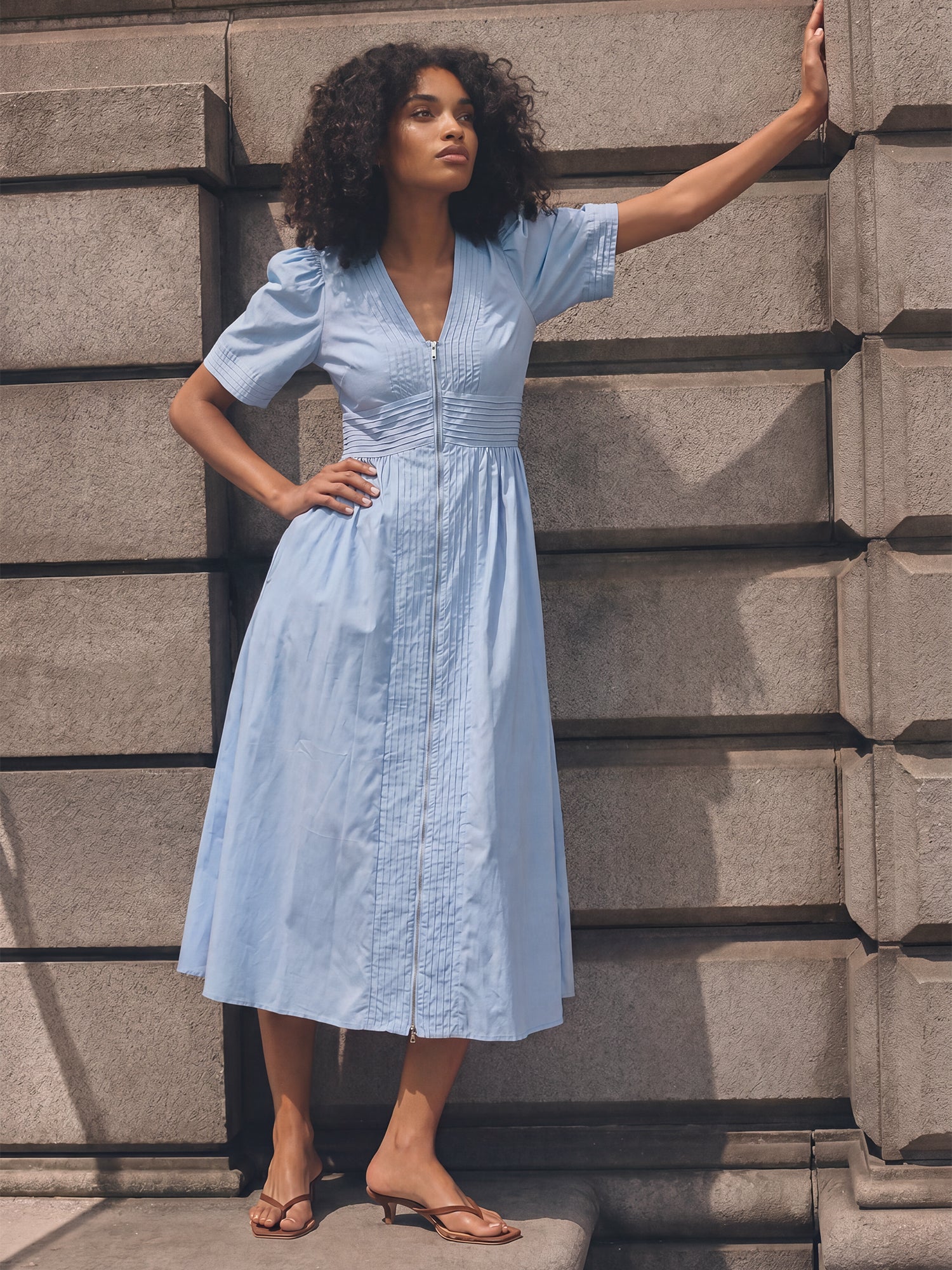 Short Puff Sleeve V-Neck Midi Sundress