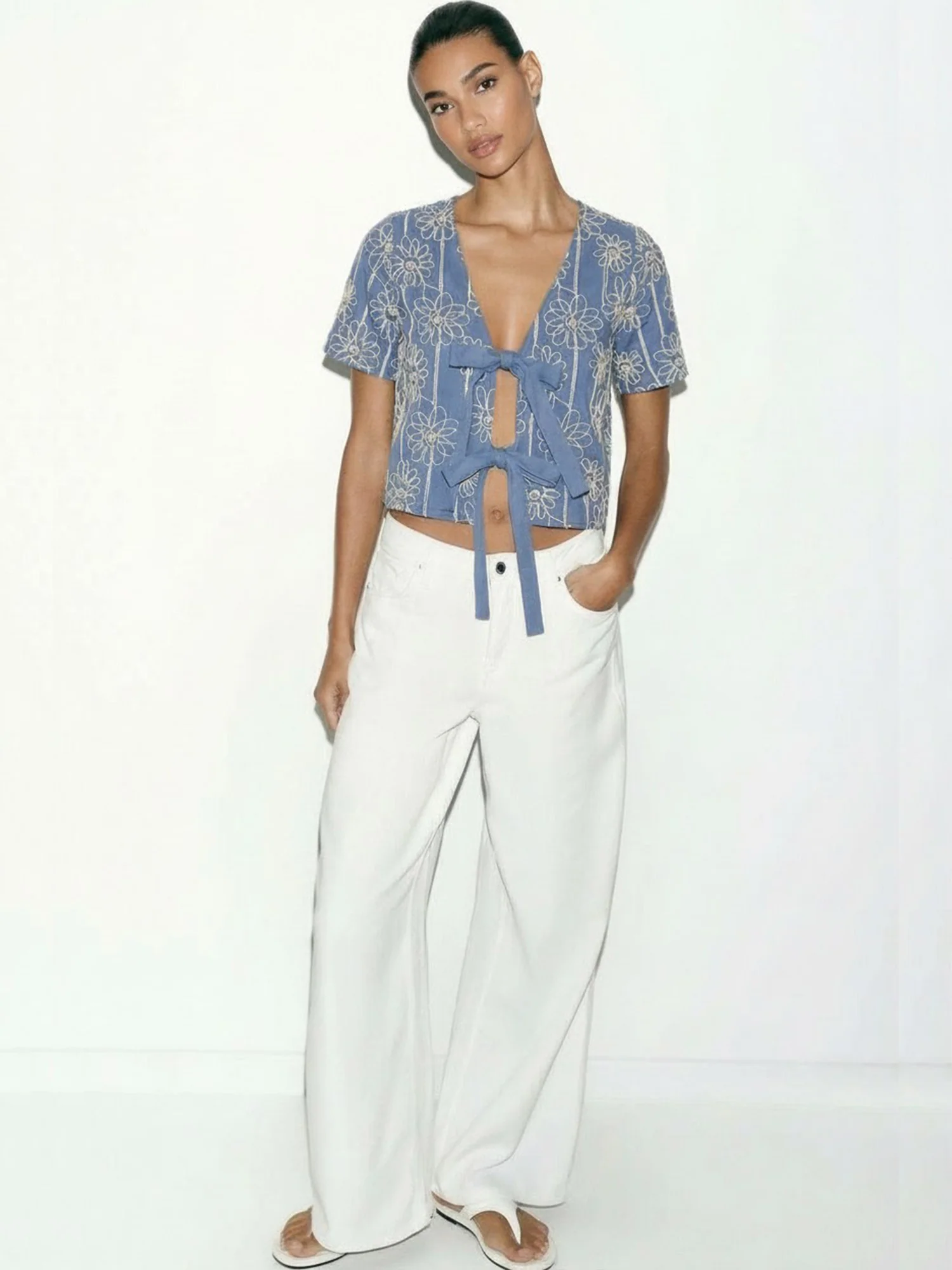 Short Sleeve Floral Embroidered Tie Front Blouse - Image 11