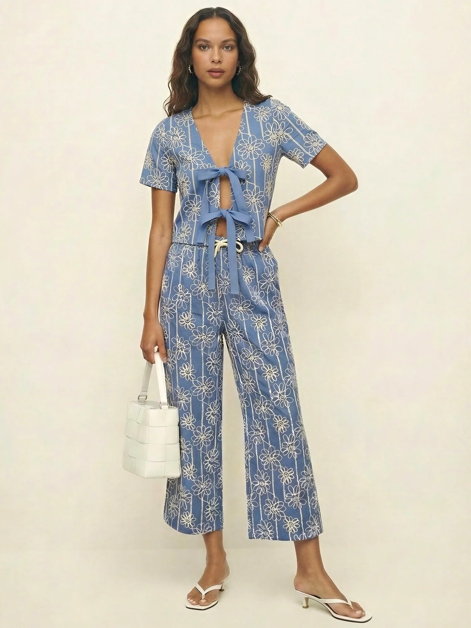 Short Sleeve Floral Embroidered Tie Front Blouse - Image 12