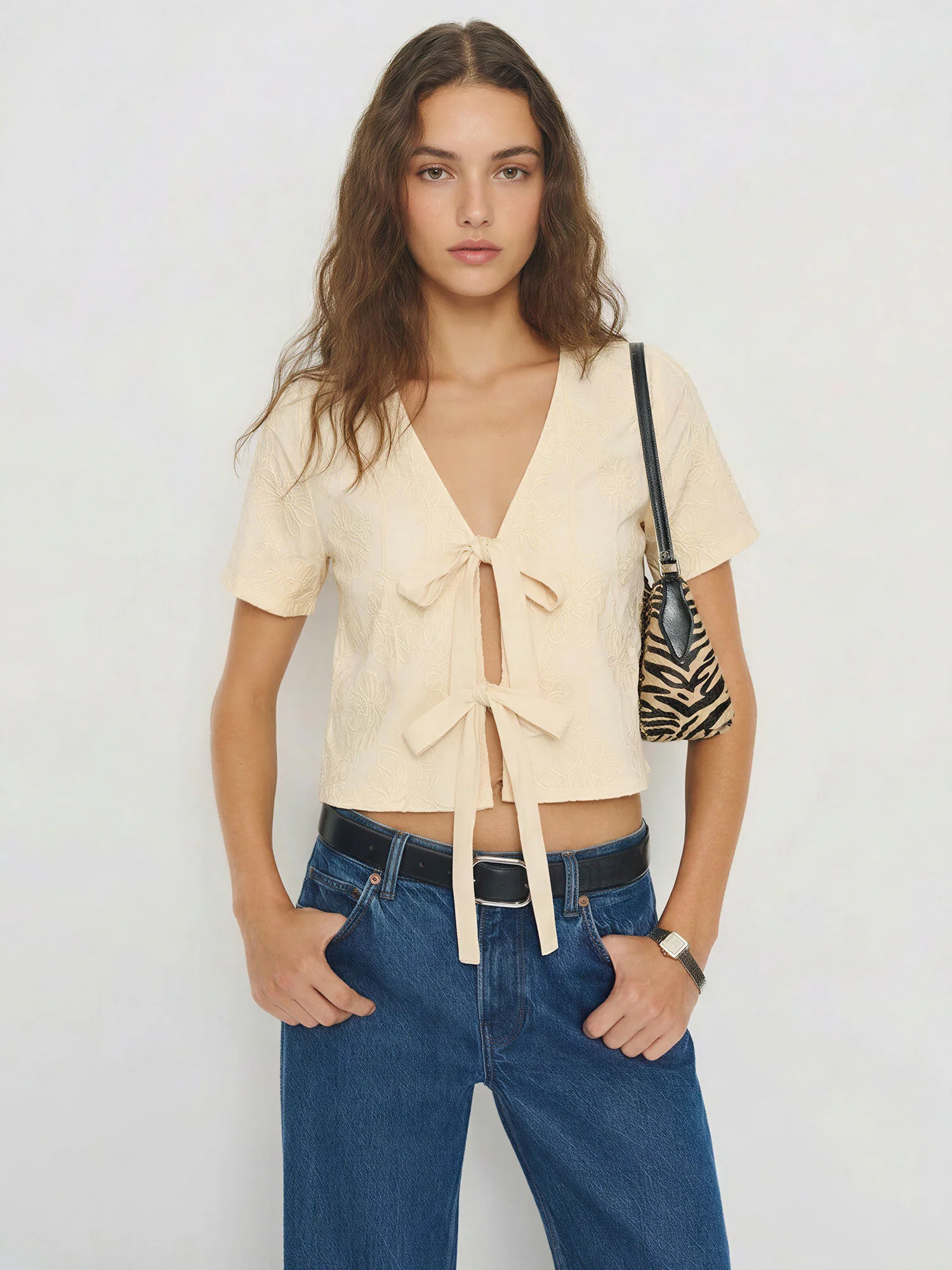 Short Sleeve Floral Embroidered Tie Front Blouse - Image 5