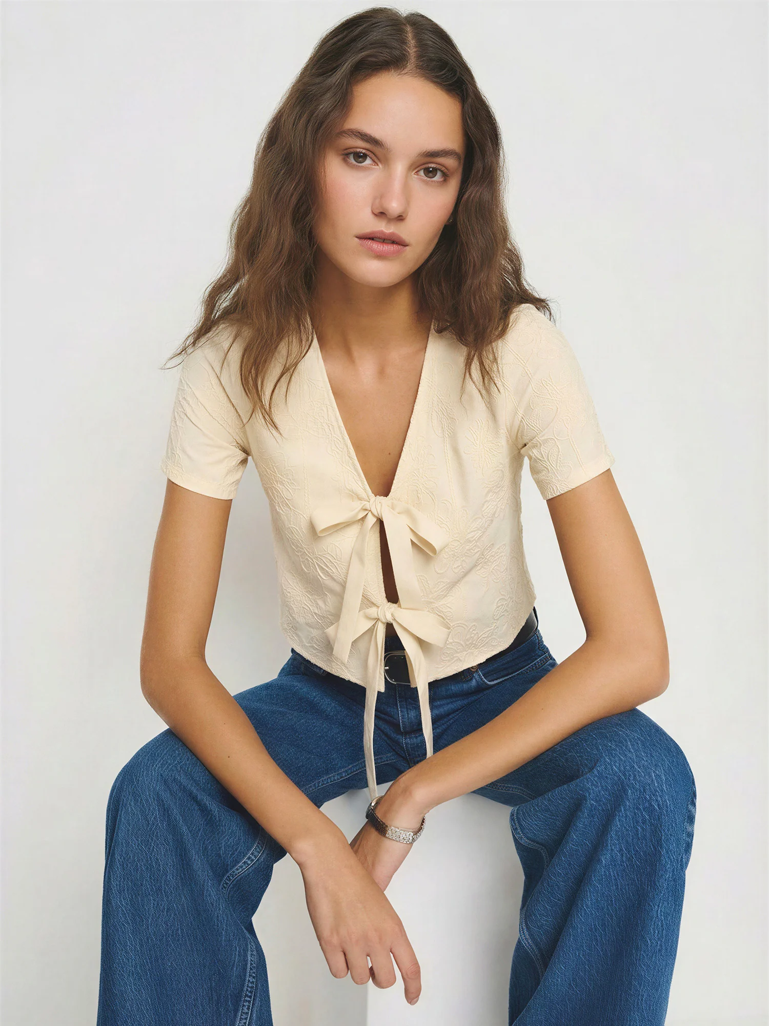 Short Sleeve Floral Embroidered Tie Front Blouse - Image 8