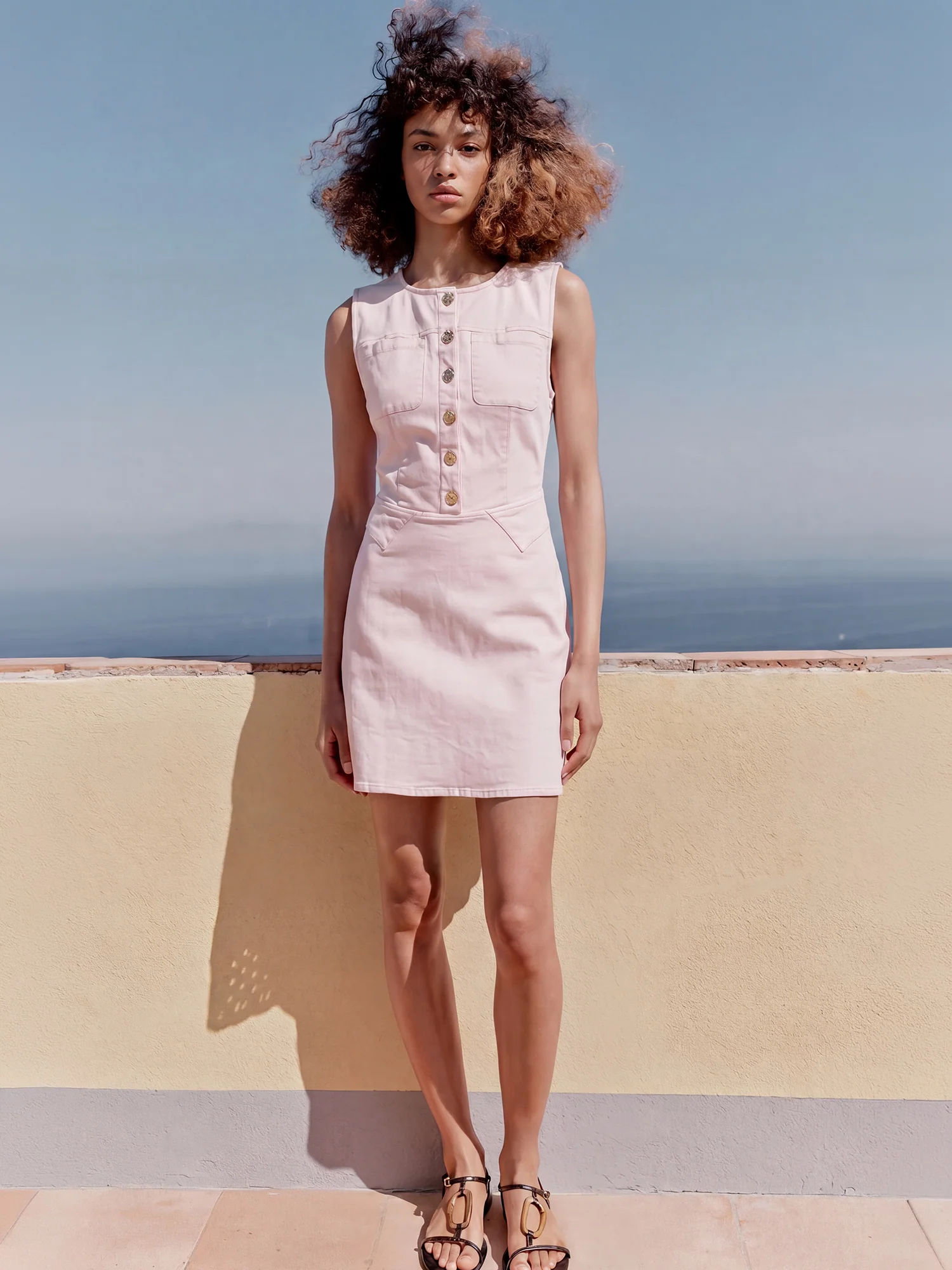 Sleeveless Button Front Stretch Denim A-Line Dress - Image 7