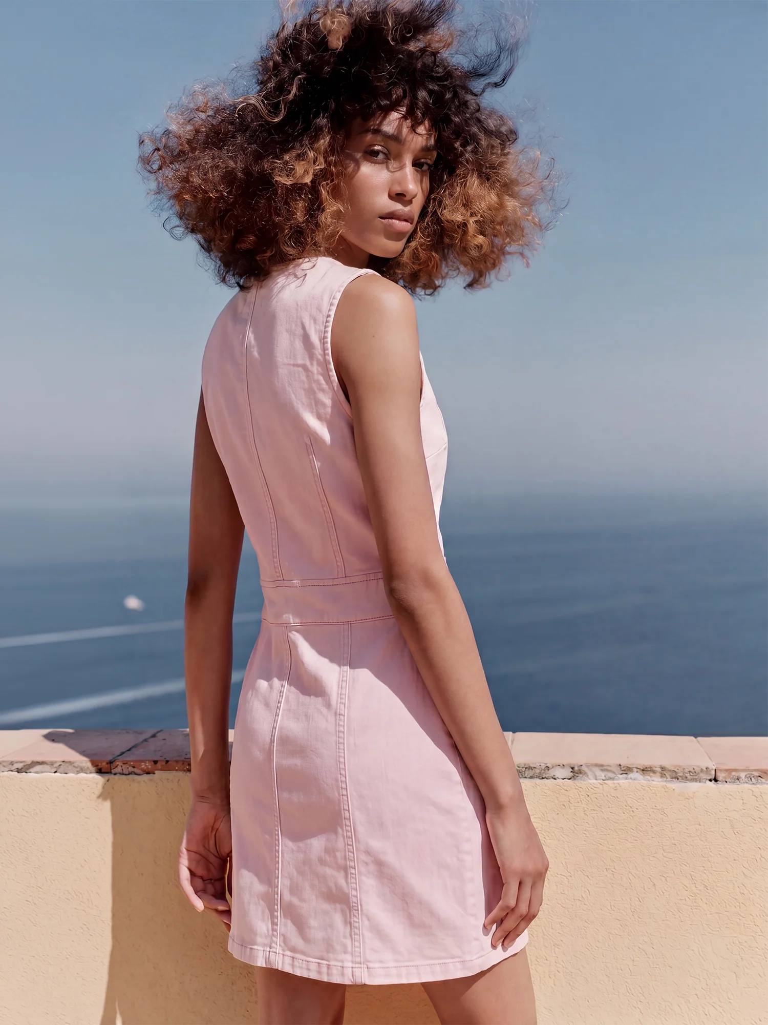 Sleeveless Button Front Stretch Denim A-Line Dress - Image 9