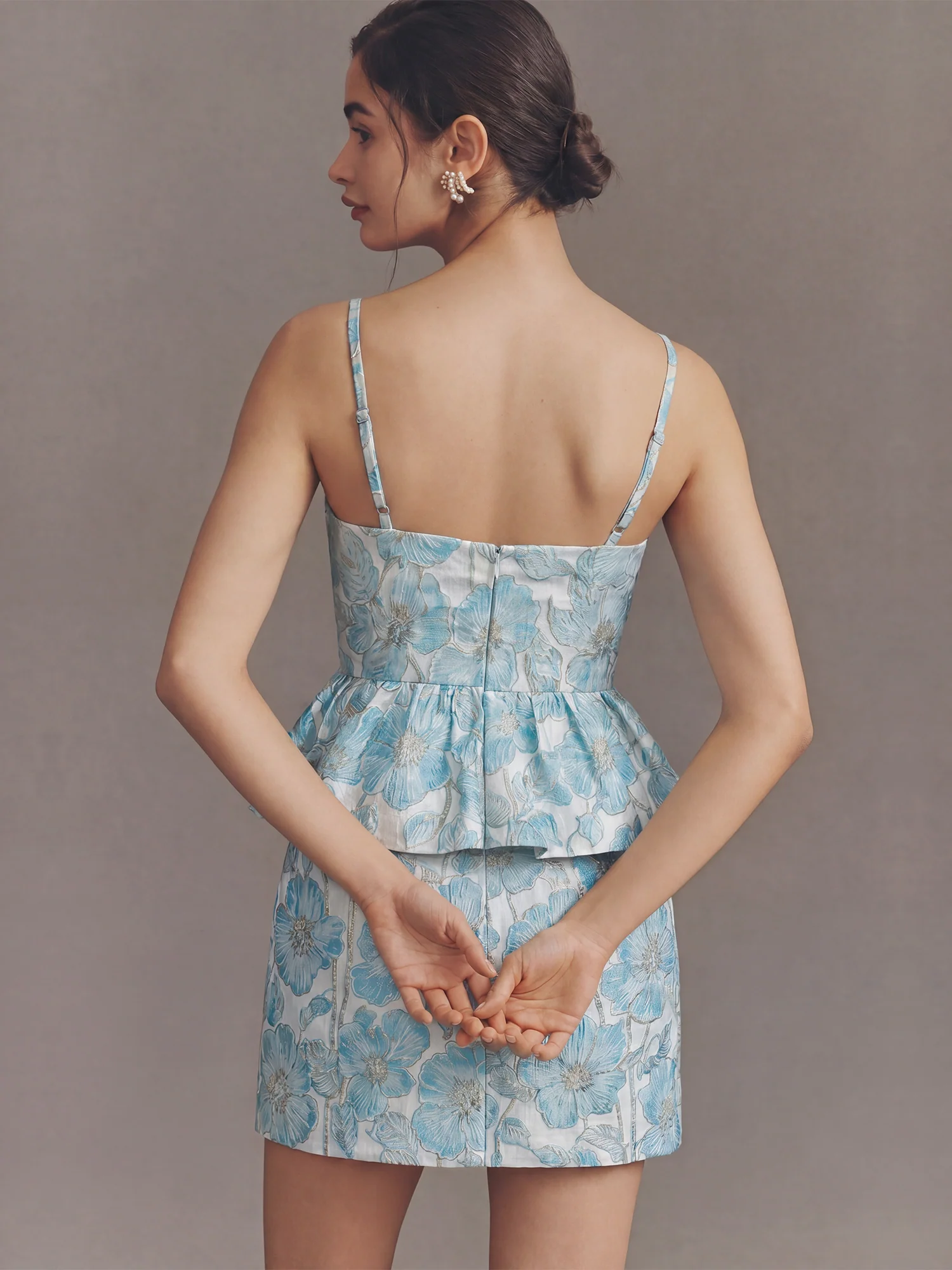 Sleeveless Floral Jacquard Peplum Cocktail Mini Dress - Image 4