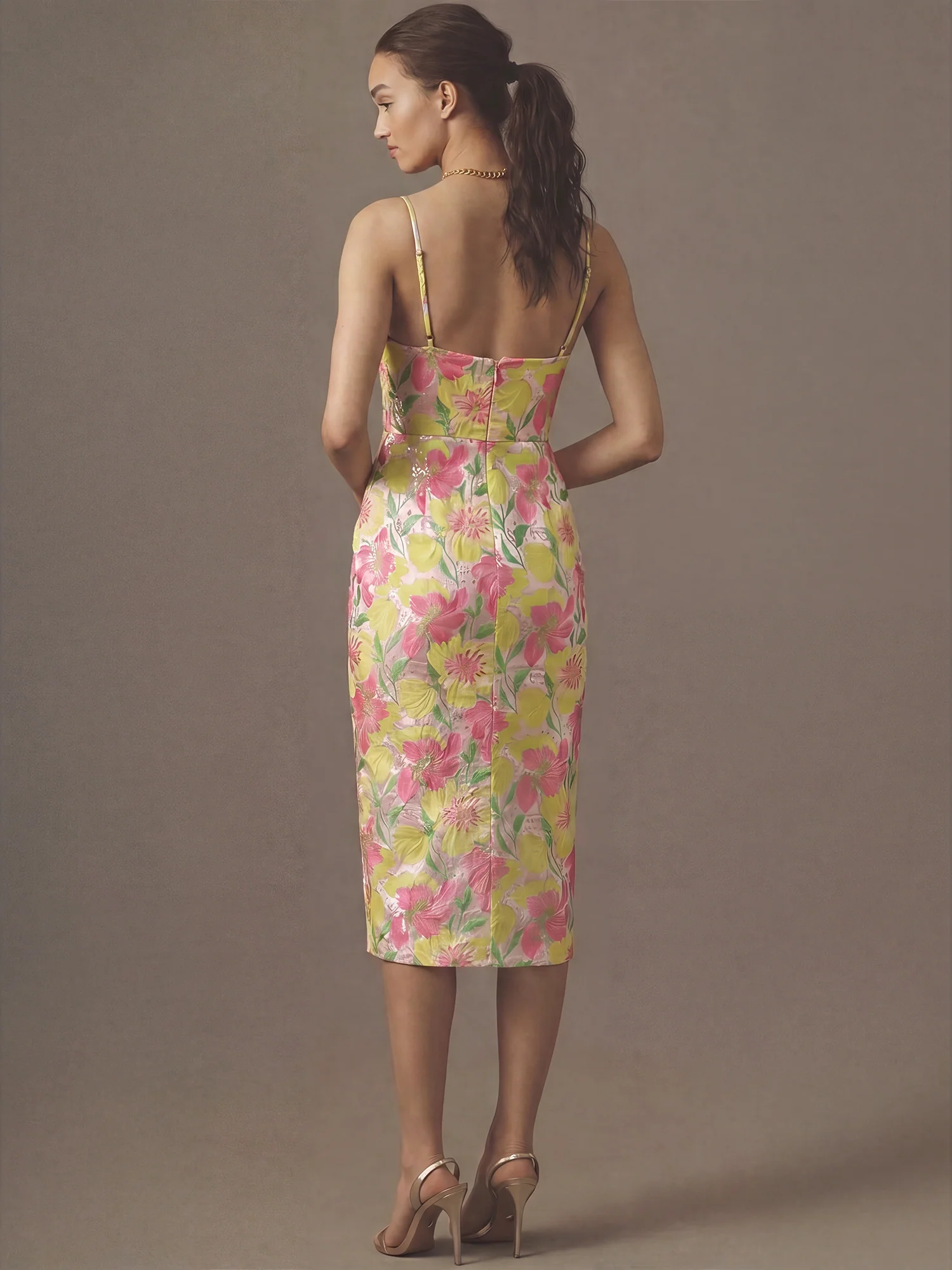 Floral Jacquard Slit Midi Cocktail Dress - Image 4