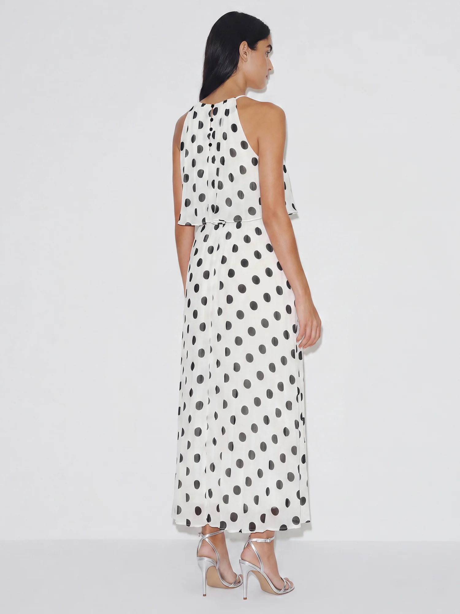 Sleeveless Halterneck Pleated Polka Dot Midi Dress - Image 3