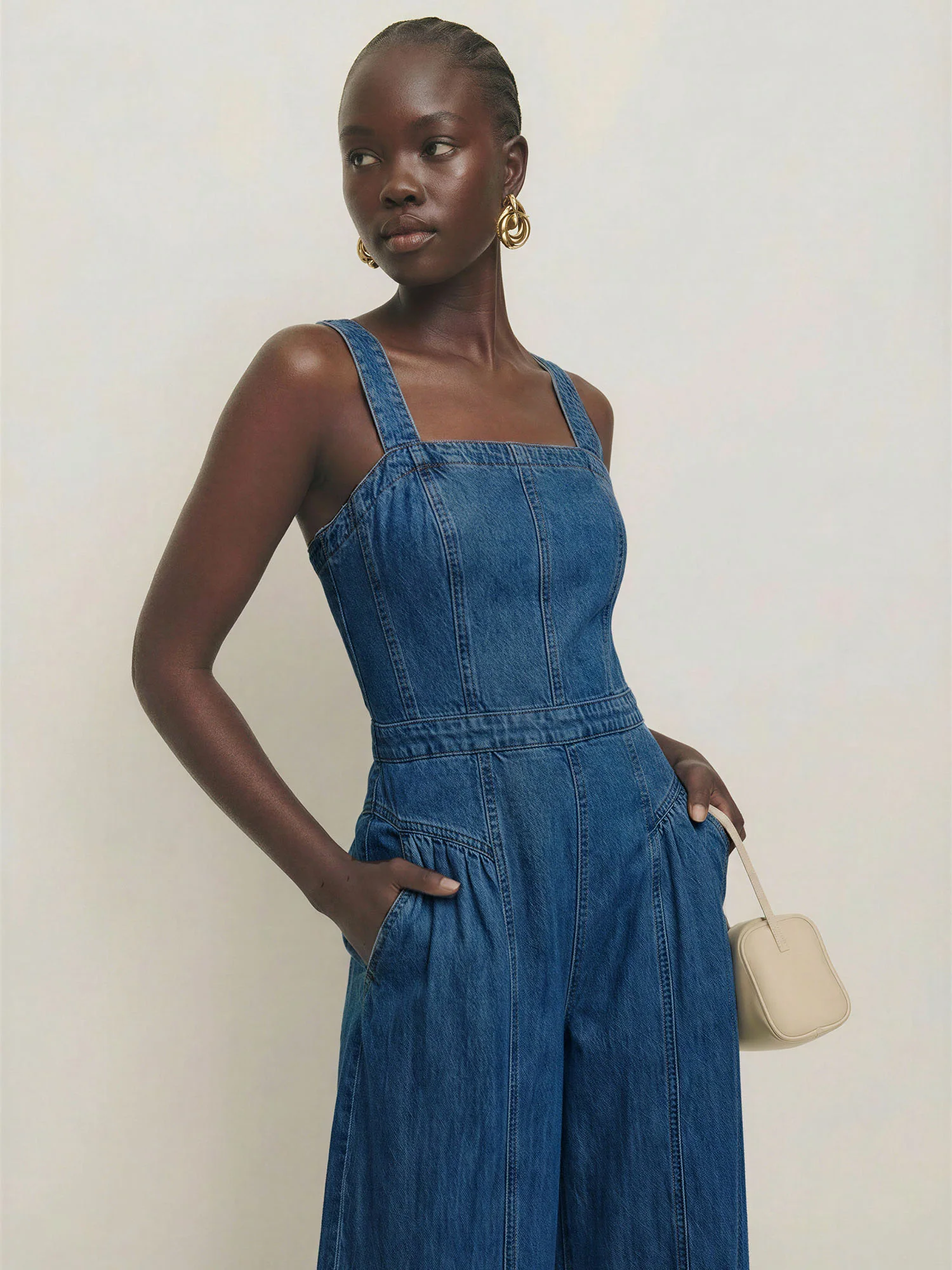 Square Neck Palazzo Denim Jumpsuit - Image 3