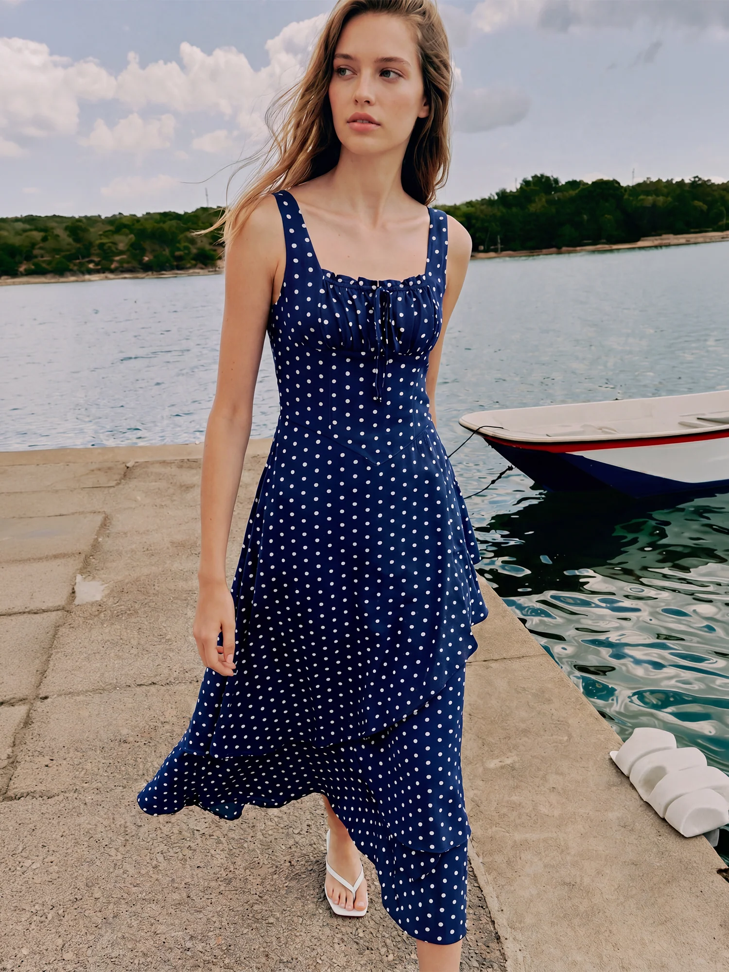 Sleeveless Sweetheart Polka Dot Ruffle Hem Maxi Dress