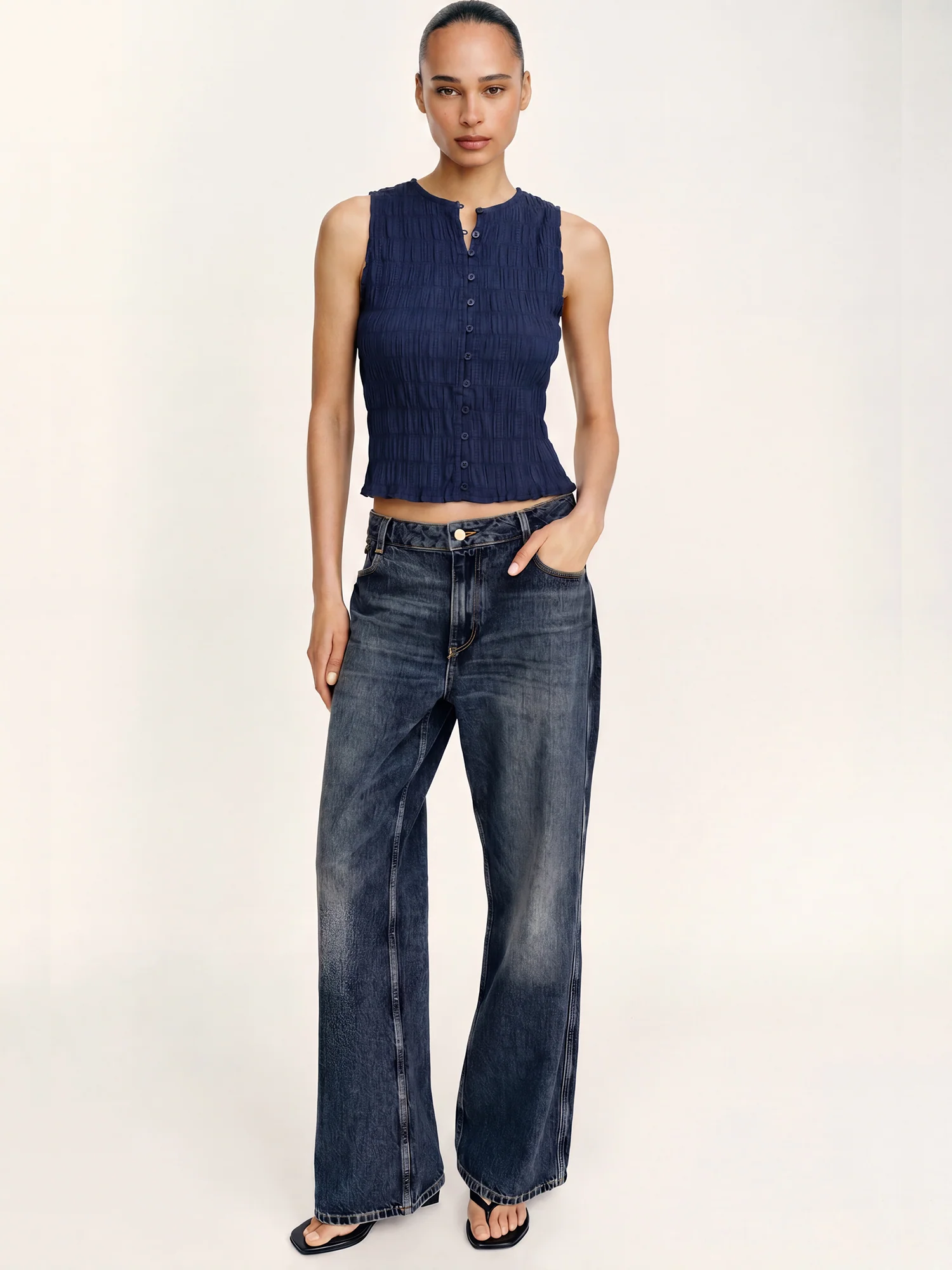 Sleeveless Texture Button Top - Image 2