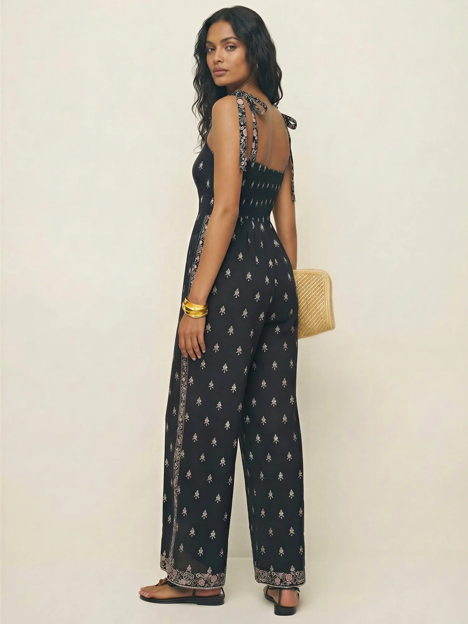 Sleeveless Border Print Bow Shoulder Jumpsuit - Image 4