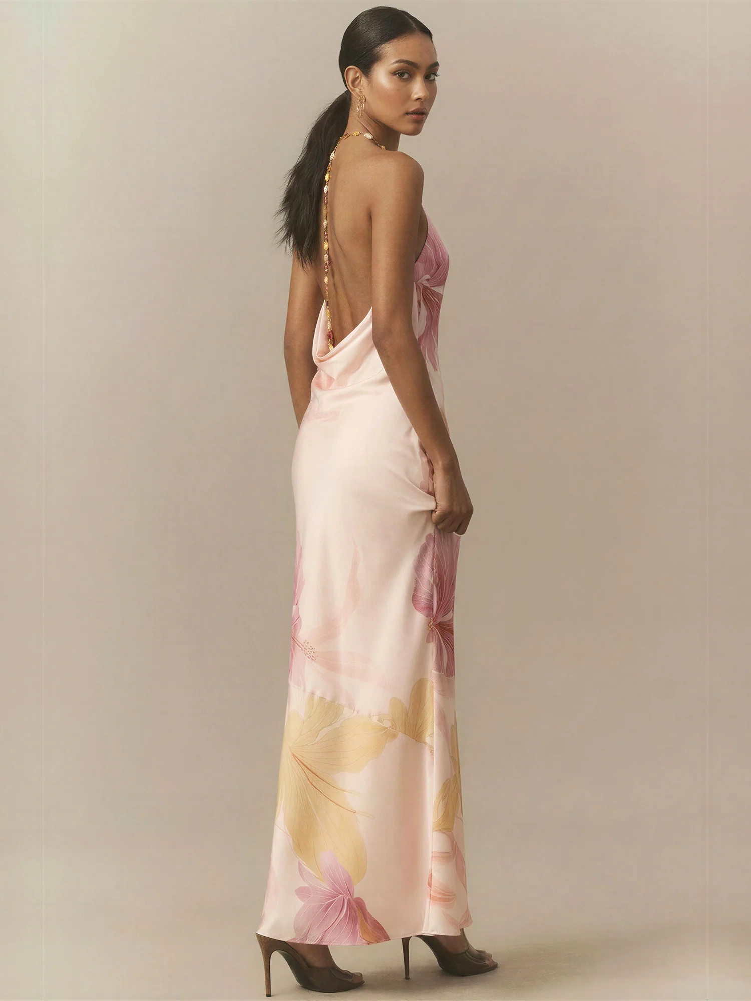 Sleeveless Watercolor Floral Beaded Straps Satin Gown - Image 4