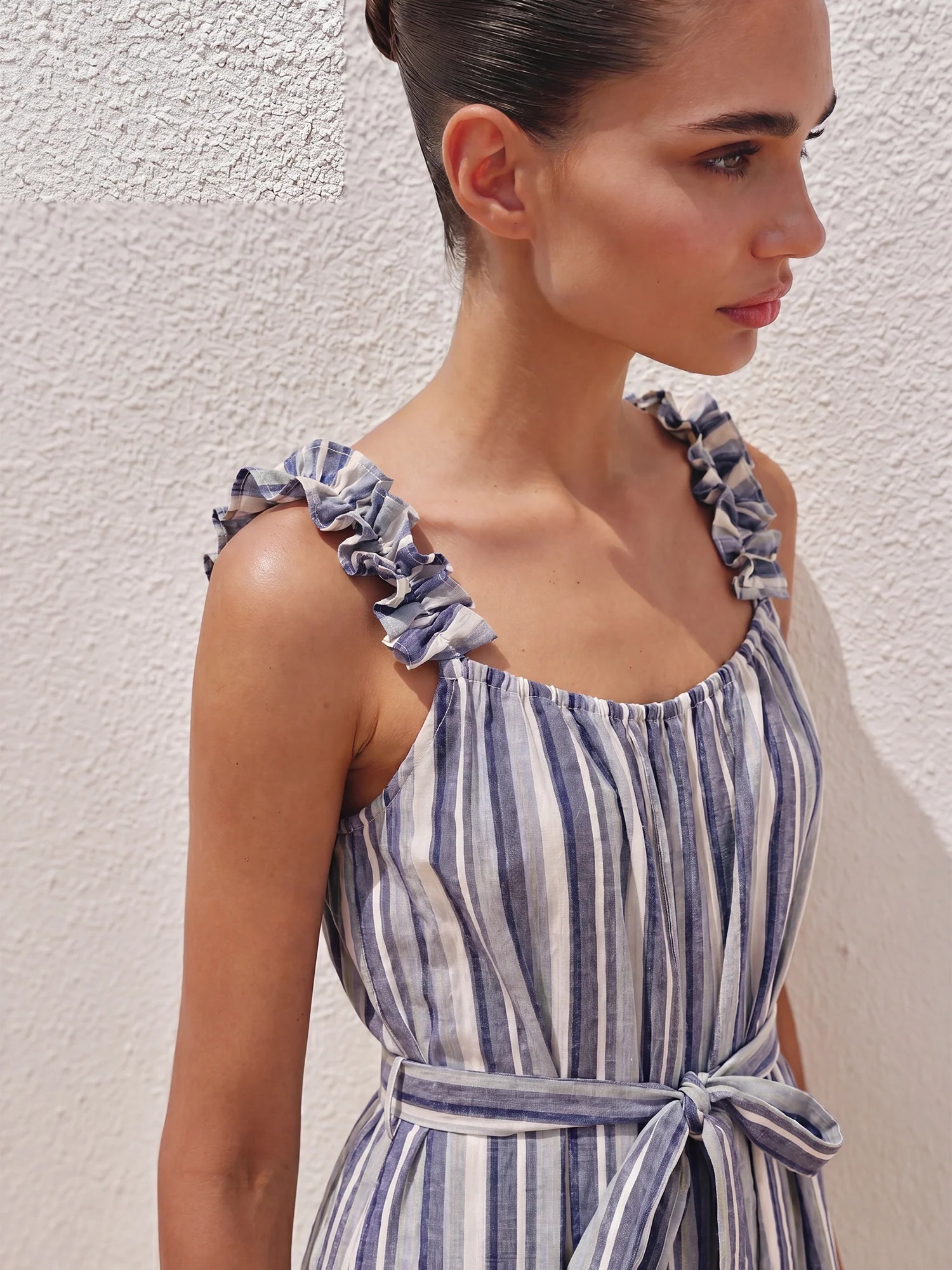 Sleeveless Striped Wide-Leg Jumpsuit With Ruffled Shoulder Straps - Image 2