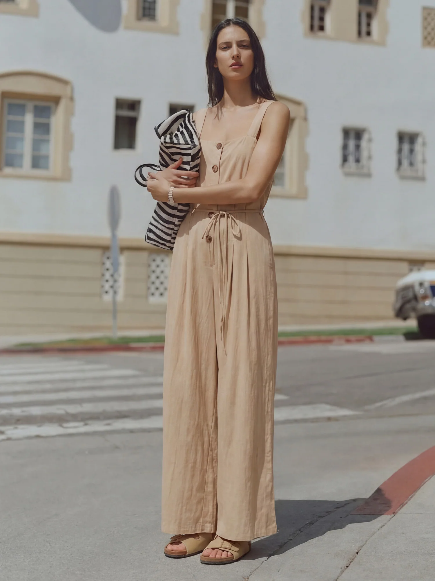 Sleeveless Button Front Tie Waist Pleated Wide Leg Jumpsuit