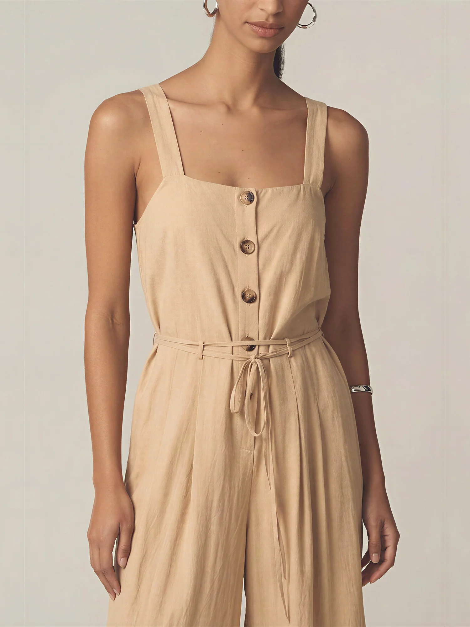Sleeveless Button Front Tie Waist Pleated Wide Leg Jumpsuit - Image 3
